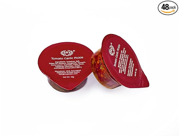 DELICASIA (SR's)TOMATO GARLIC PICKLE 15 gm CHOTU PACK (PACK OF 48) BLISTER PACK. PORTION PACK. INDIAN FLAVOR. NO ARTIFICIAL COLOR AND FLAVORS. GLUTEN FREE. 77 YEARS OF TRUST