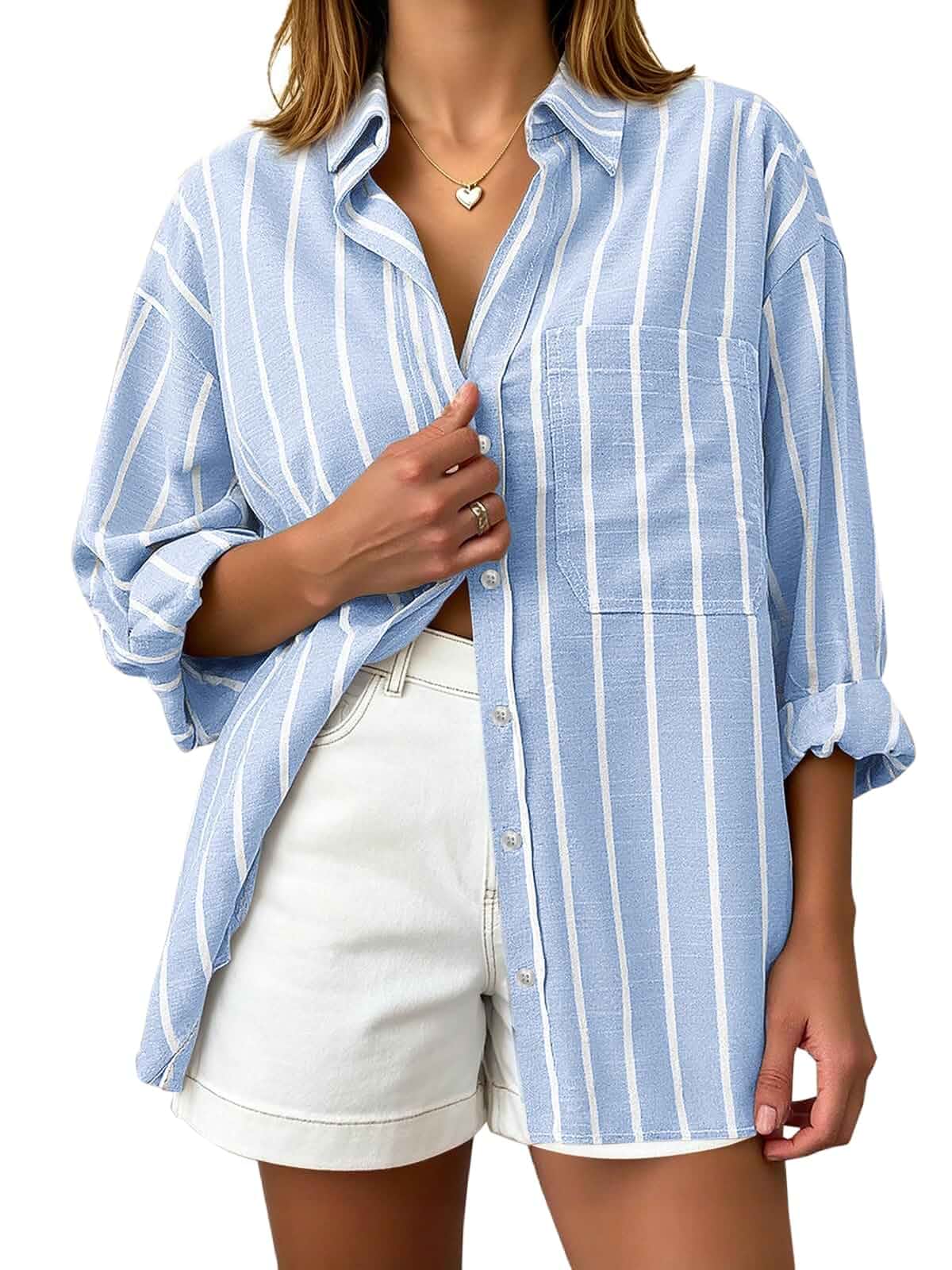 Button Down Shirts for Women Boyfriend Striped Shirts Long Sleeve Collared Blouses with Pocket Casual Vacation Outfit Blue White Striped S Striped