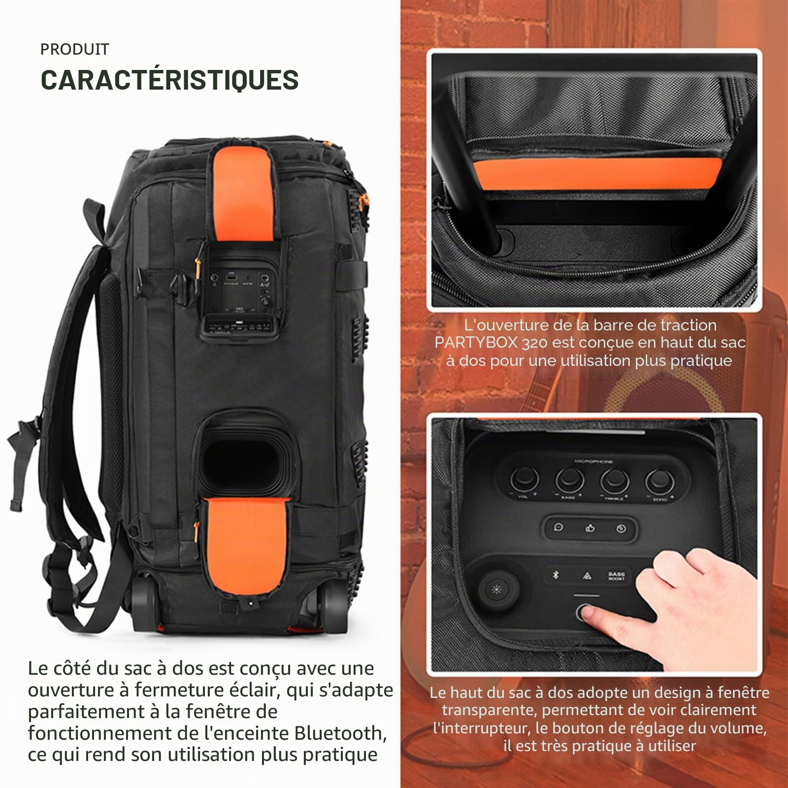 Sac à dos/étui de haut-parleur Bluetooth portable pour haut-parleur Bluetooth JBL PARTYBOX 320, sac de transport léger et confortable pour les voyages en plein air, Noir/blanc, 25.9 x 14.1 x 12.9