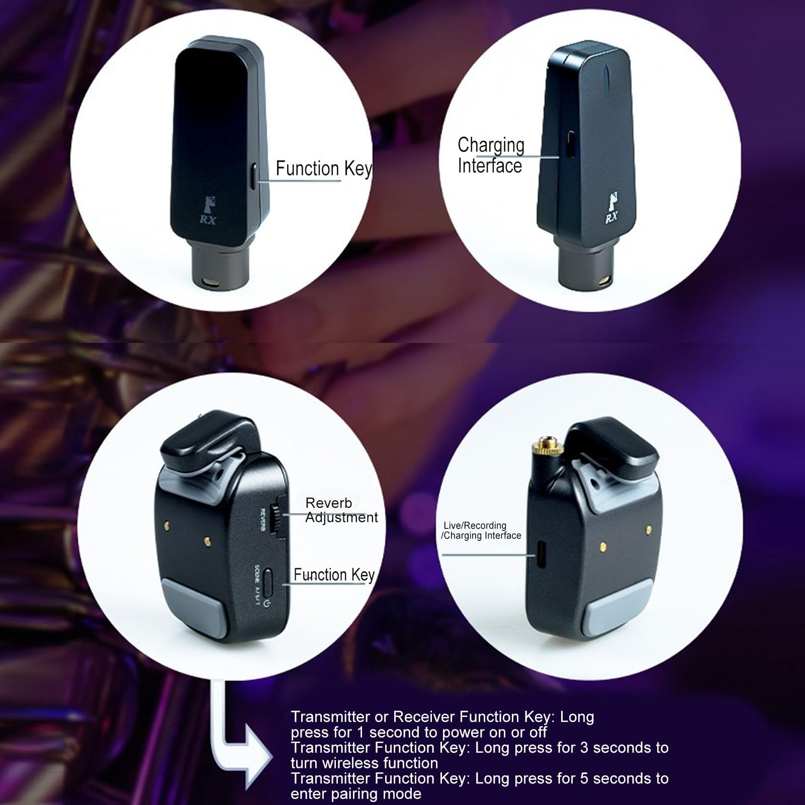 Alomejor microfonico per sassofono wireless UHF banda di frequenza 652-663 MHz trasmissione stabile, qualità del suono chiara, batteria integrata
