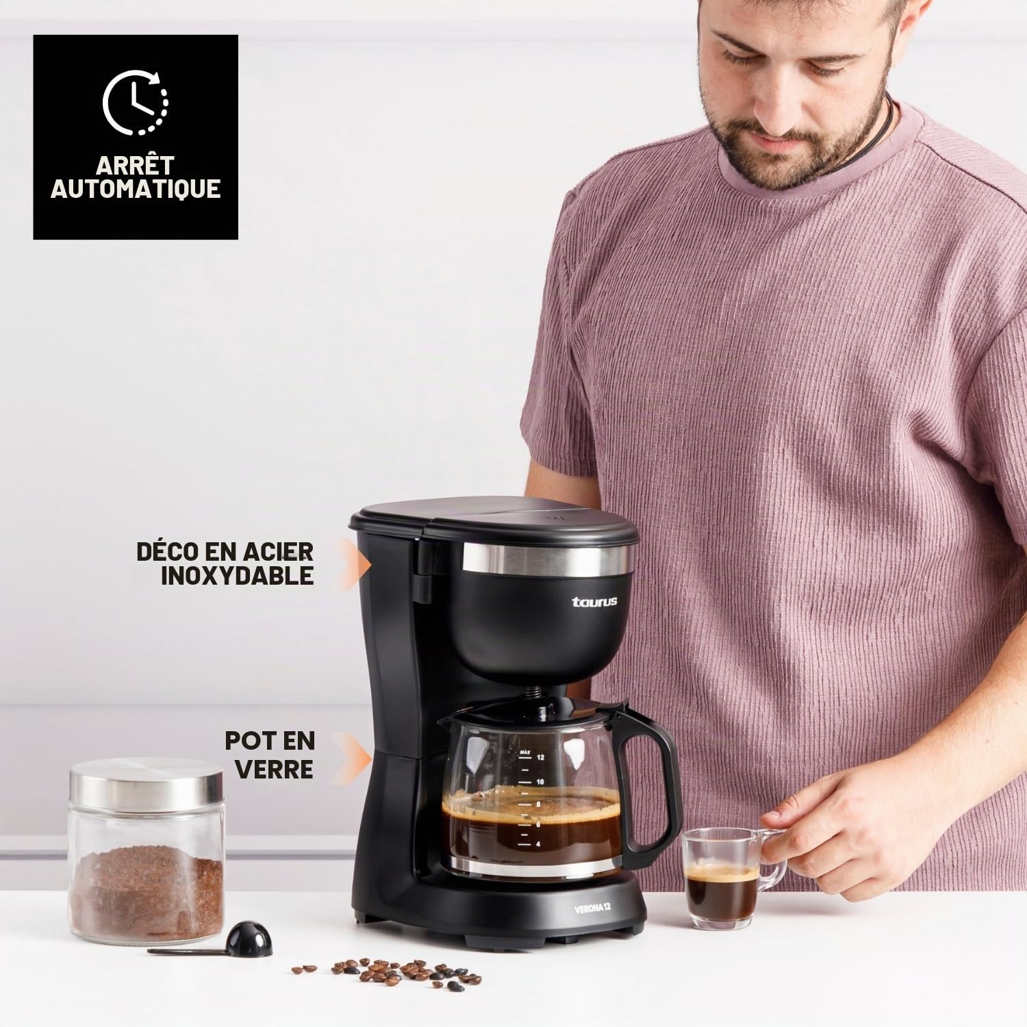 Taurus - Cafetière filtre Verona 12 + 680 W | Capacité 1,25 L, 12 tasses | Filtre permanent lavable | Bec anti-goutte | Sans BPA | Arrêt auto | Compacte | Noir