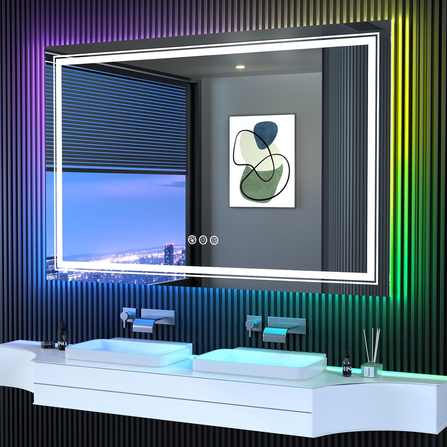 LED Mirror for Bathroom, 55"X30" with 8 RGB Backlit +3 Front Lit (Adjustable Individually), Anti-Fog, Large Lighted Bathroom Vanity Mirror for Wall,Shatterproof,Memory Function,Tempered Glass 3 Colors Front Lit+8 Colors Backlit 55*30