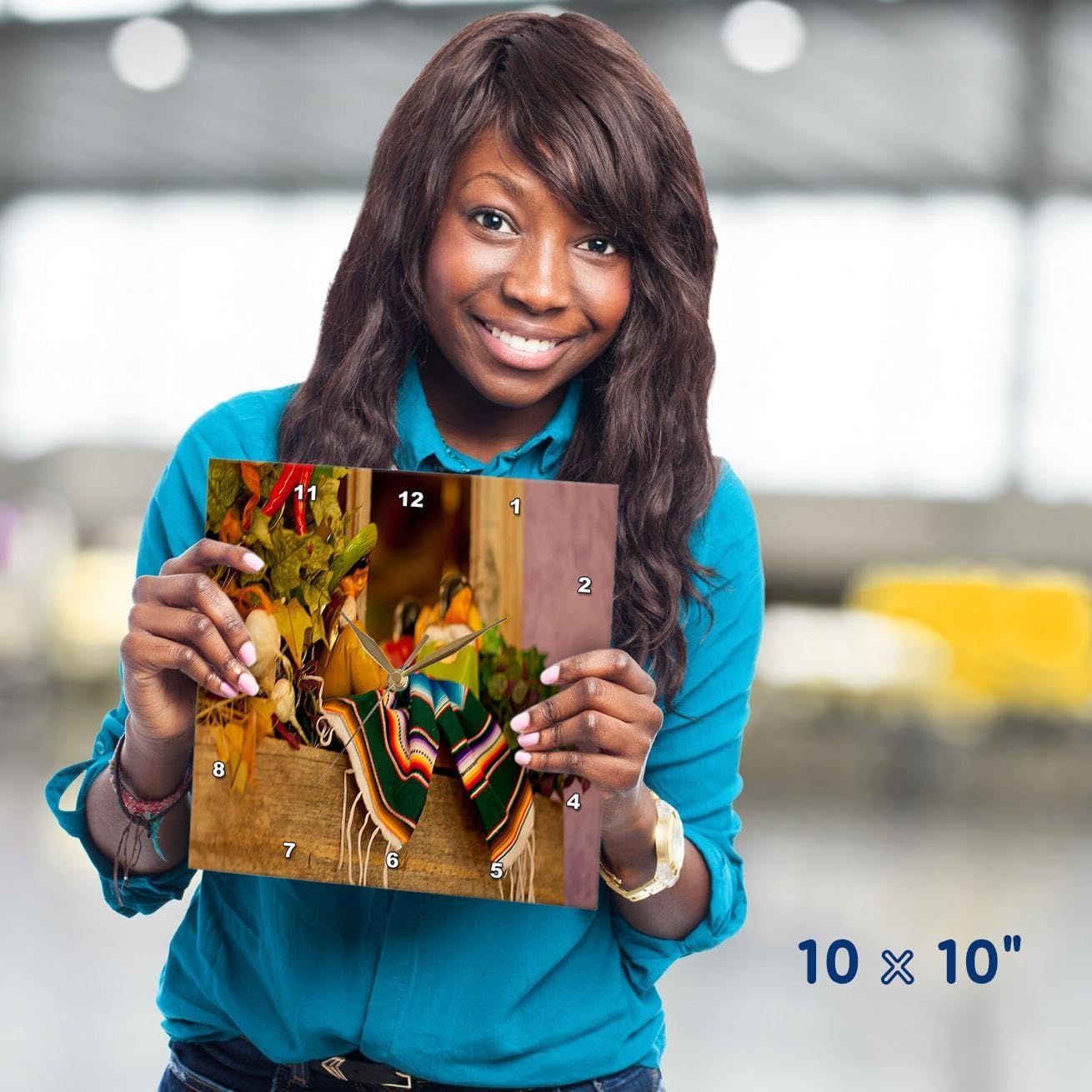 3dRose DPP_52081_1 Hispanic Girl and Boy Ceramic Hanging on a Mirror with Hot Chilies and Leaves at Mexican Restaurant-Wall Clock, 10 by 10"