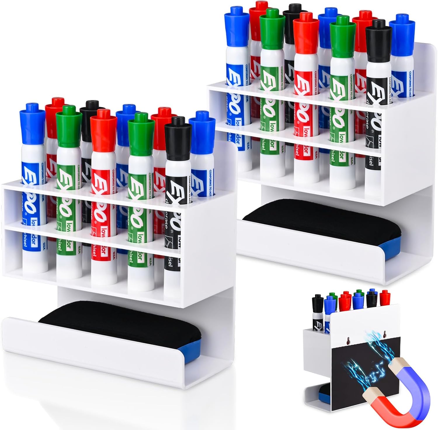 2 Pcs White Dry Erase Marker Holder, 2 Sets Wall Mounted Marker Holder with 10 Slots & Eraser Holder, Acrylic Marker Holder Magnetic for Whiteboard, Office, School, Classroom, Home (2)