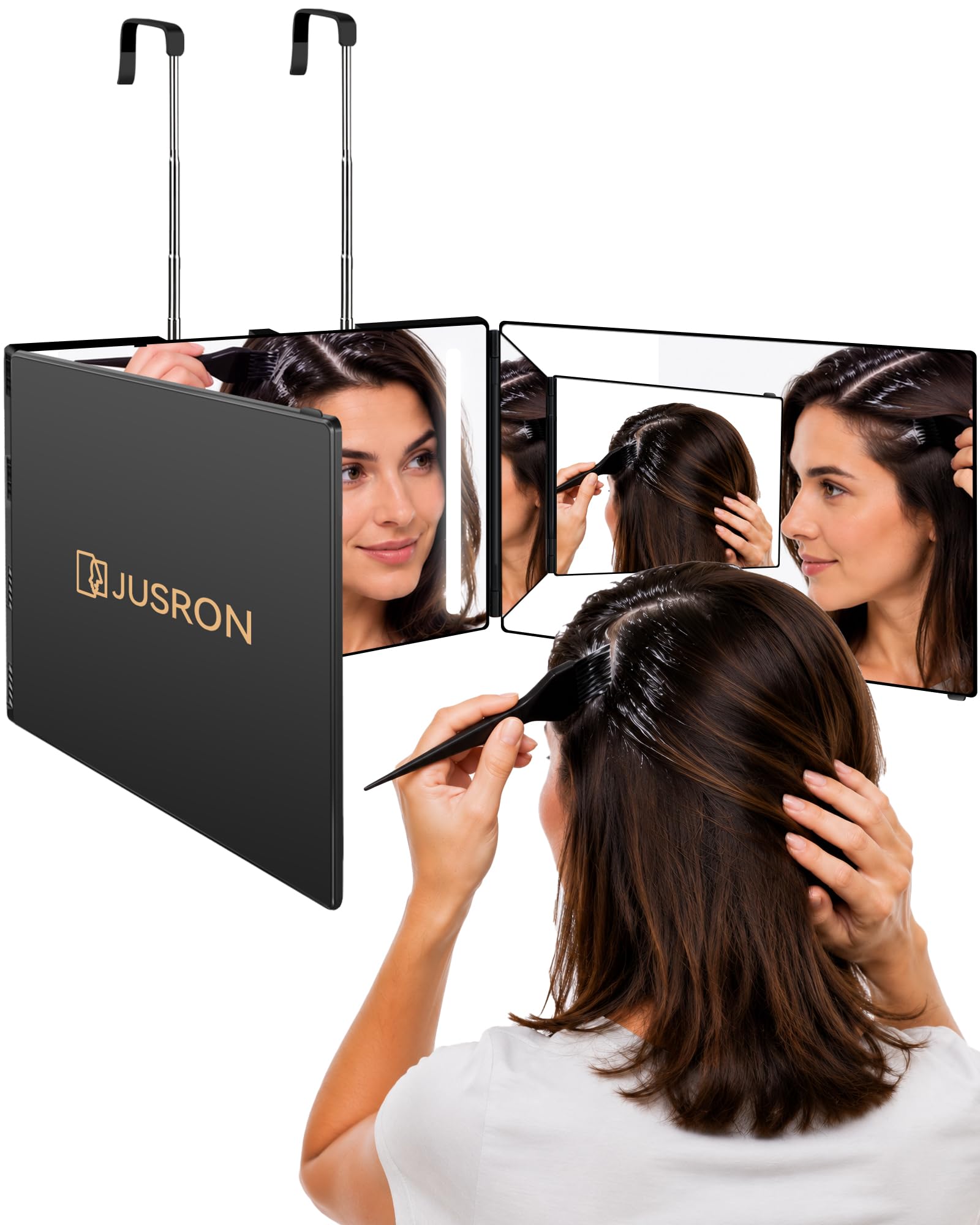 JUSRON Miroir Pliable à 360 degrés avec licth - Miroir cosmétique à Couper soi-même - Hauteur réglable avec Crochet -Noir Mat