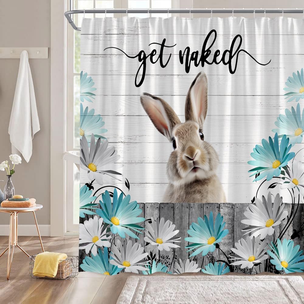 GCTNBJL Spring Easter Shower Curtain Bunny Teal Rustic Farmhouse Flower Cute Rabbit Barn Door Wooden Holiday Funny Bathroom Decor Fabric Curtain with Hooks