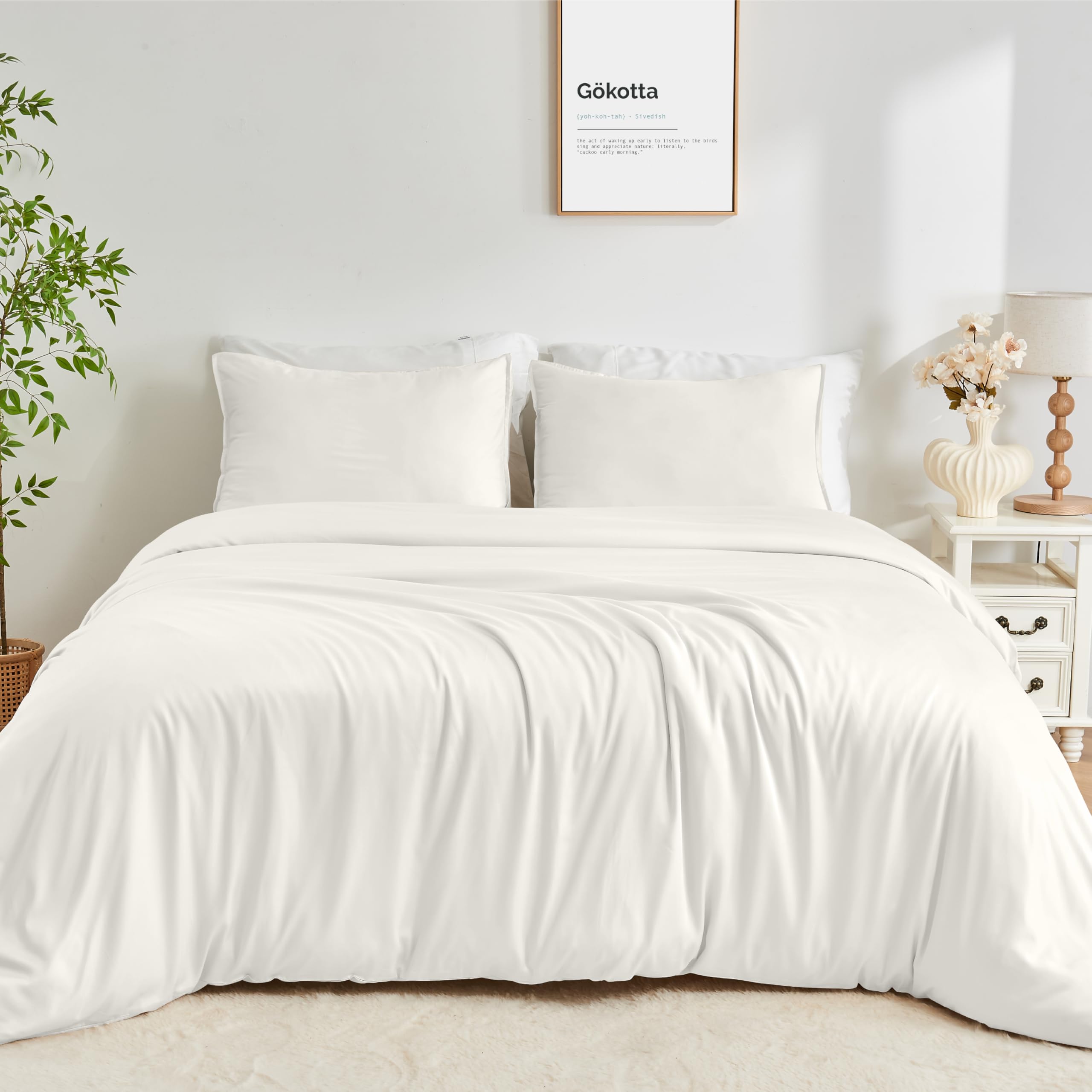 GOKOTTA Duvet Cover King, 100% Bamboo Duvet Cover Set, Soft & Breathable Duvet Cover with Button Closure, 1 Duvet Cover 106" x 92" with Corner Ties and 2 Envelope Pillow Shams (Cream White, King)