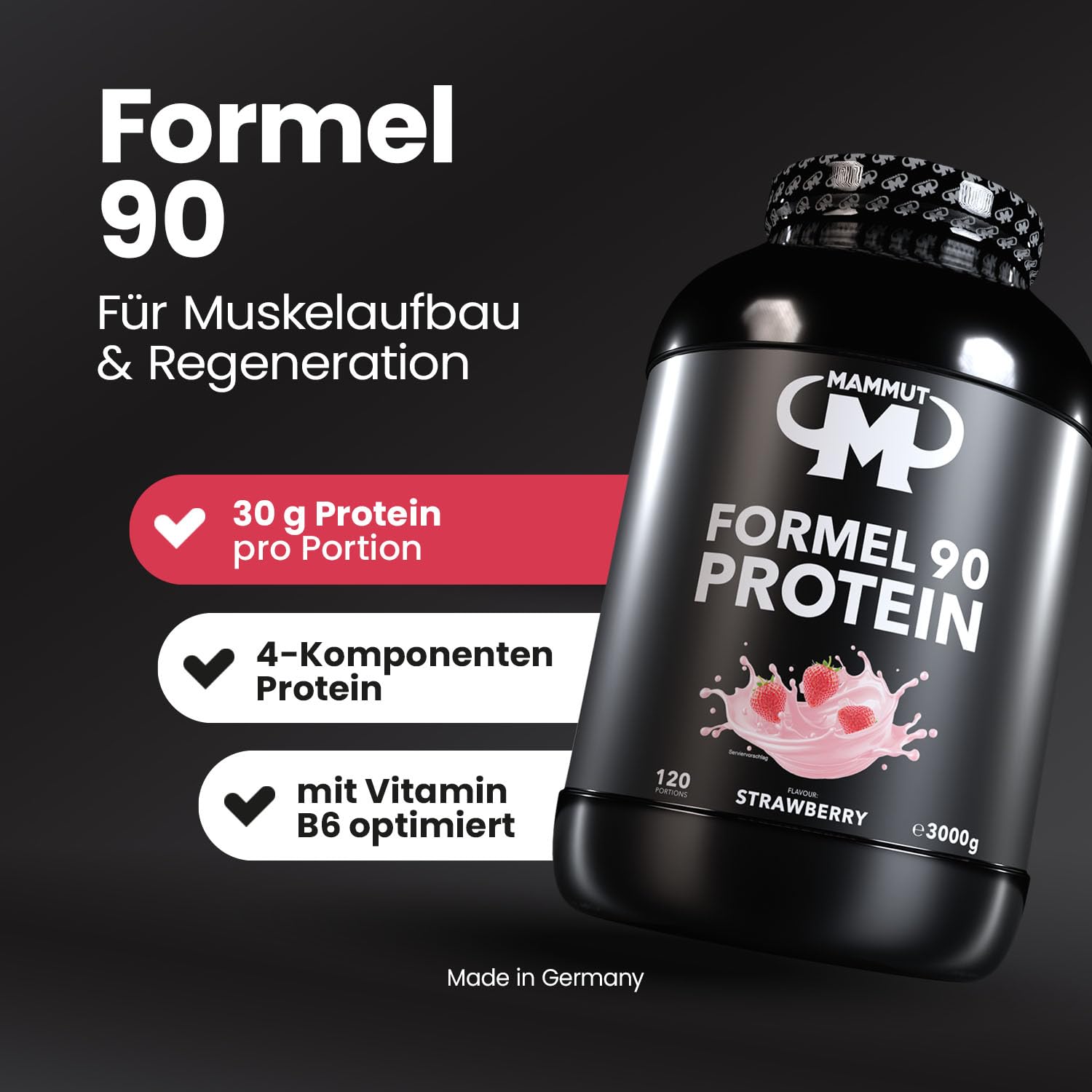 Mammut Nutrition Formel 90 Proteinpulver Erdbeere 3 kg, 4-Komponenten Protein: Sojaisolat, Whey, Milch, Ei-Protein mit Vitamin B6, gezielte Proteinversorgung, inkl. Keramik-Tasse