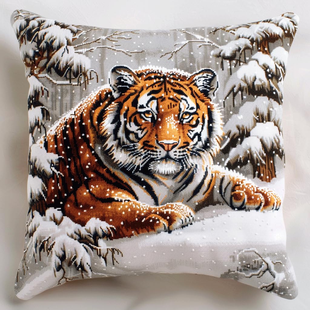 Henypt Latch Hook Kits-E Latch Hook Pillow Case Embroidery Kits, Animal Tiger Diy Needlework Latch Hook Cushion Cover Kits For Beginners,Sofa Cushion Cover,17X17inch