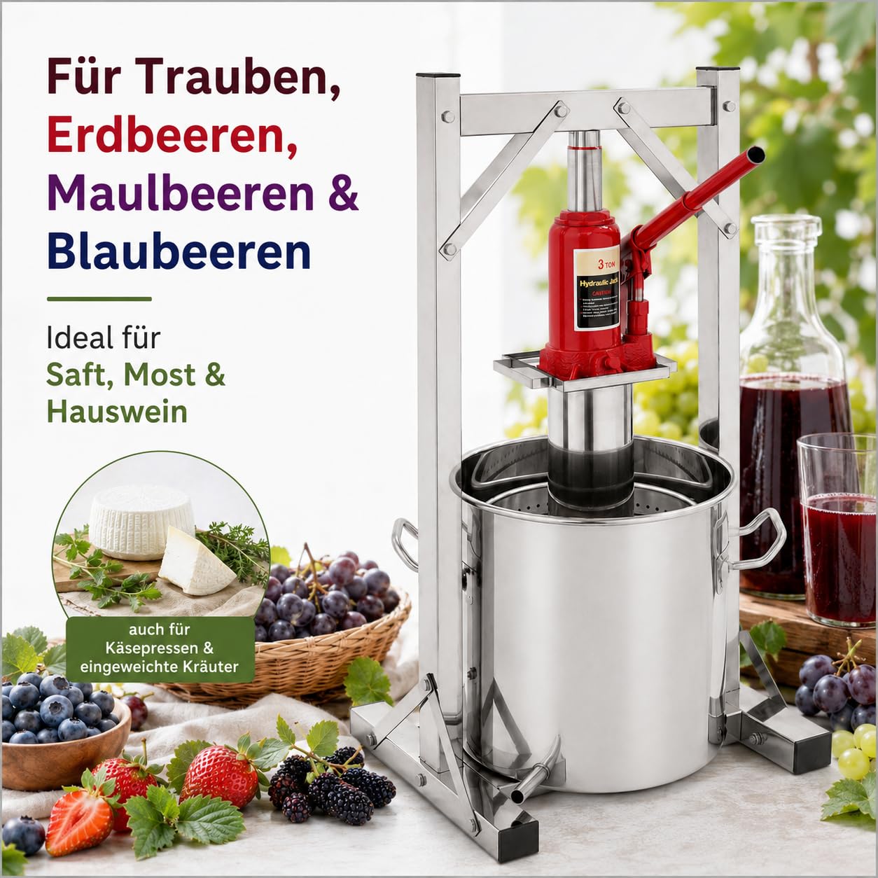 12L 3T Edelstahl Obstpresse Obstmühle Frucht Saftpresse Weinpresse Apfelpresse mit Trommel, ​Pressenrahmen und Hydraulic Jack