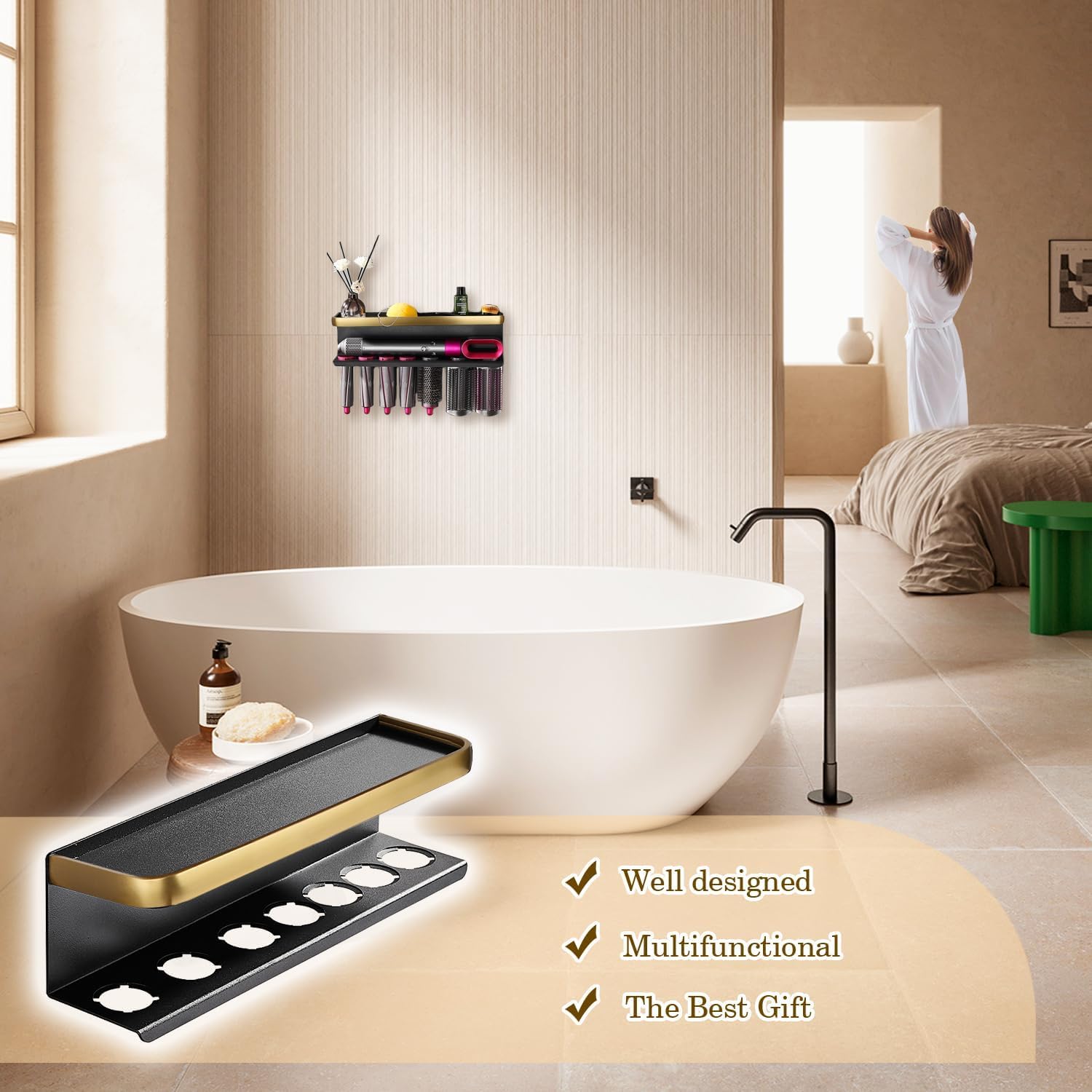 Glätteisenhalter Kompatibel mit Dyson Airwrap Wandhalterung Aufbewahrungsregal für Lockenstab Aufsätze und Komplett-Styler (Gold/Schwarz, mit Luftkissen-Kamm)