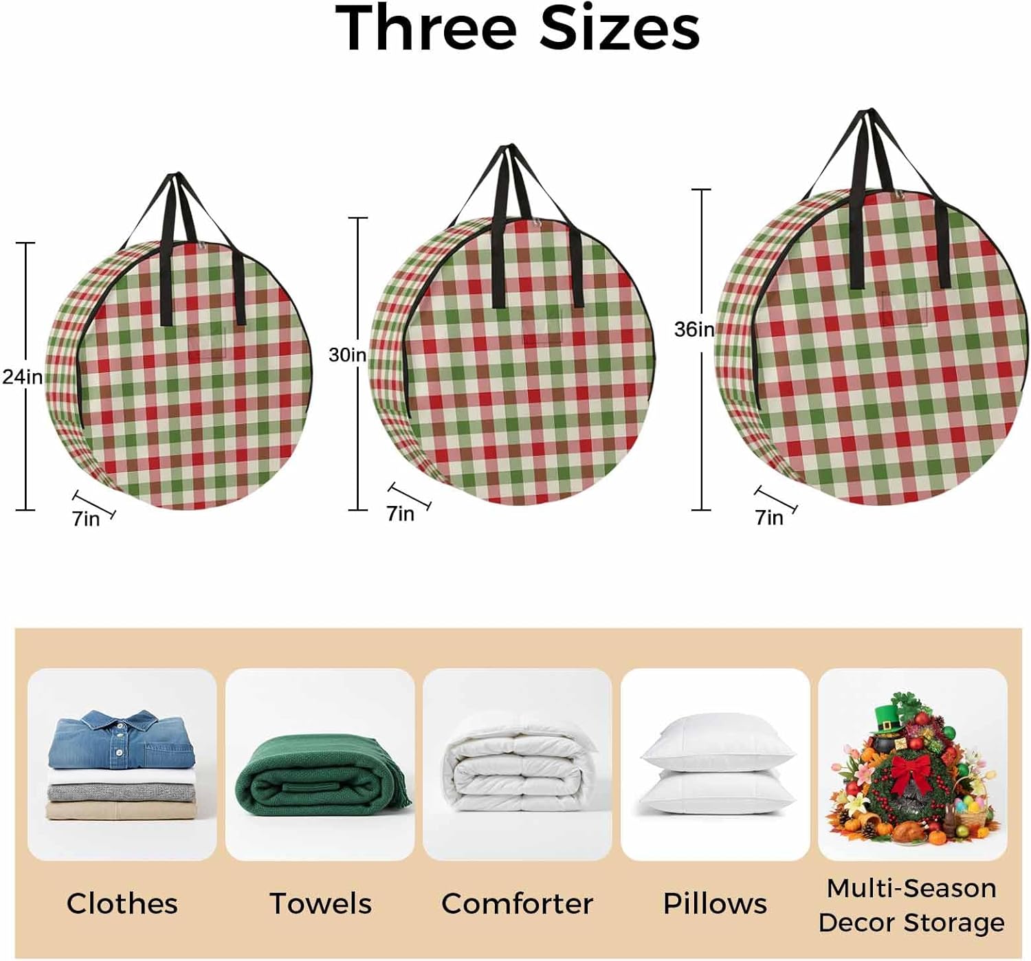 Christmas Winter Round Storage Bag 36 Inch, Vintage Farmhouse Red Green Plaid Clothes Storage Container with Handles Heavy Duty Organizer for Comforter, Bedding & Holiday Wreaths