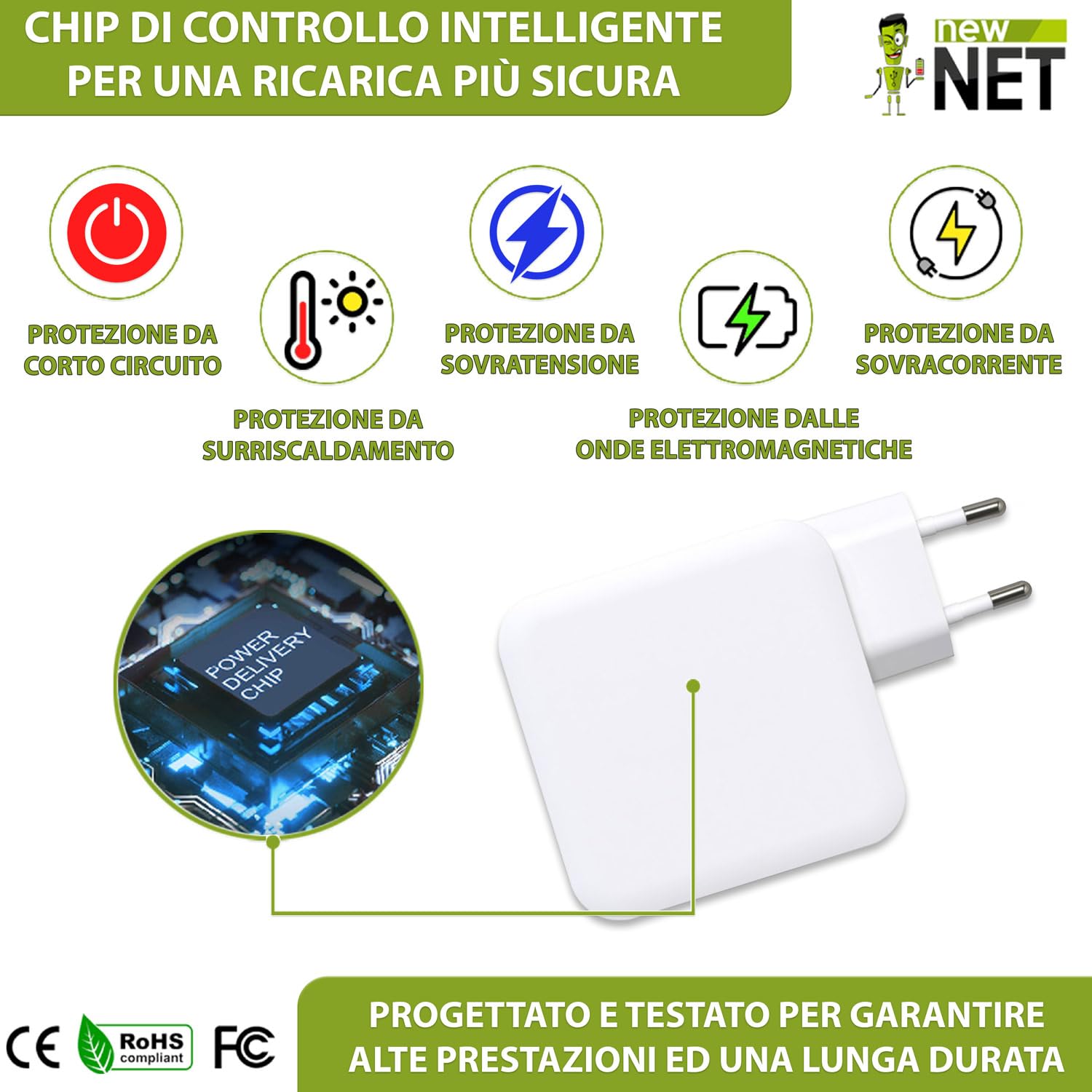New Net - Alimentatore Caricatore Caricabatteria compatibile con Notebook Mac Book Pro 16 2023, Mac Book Pro 16 2021 [ 20V 5A 100W - Type-C/MagSafe 3]