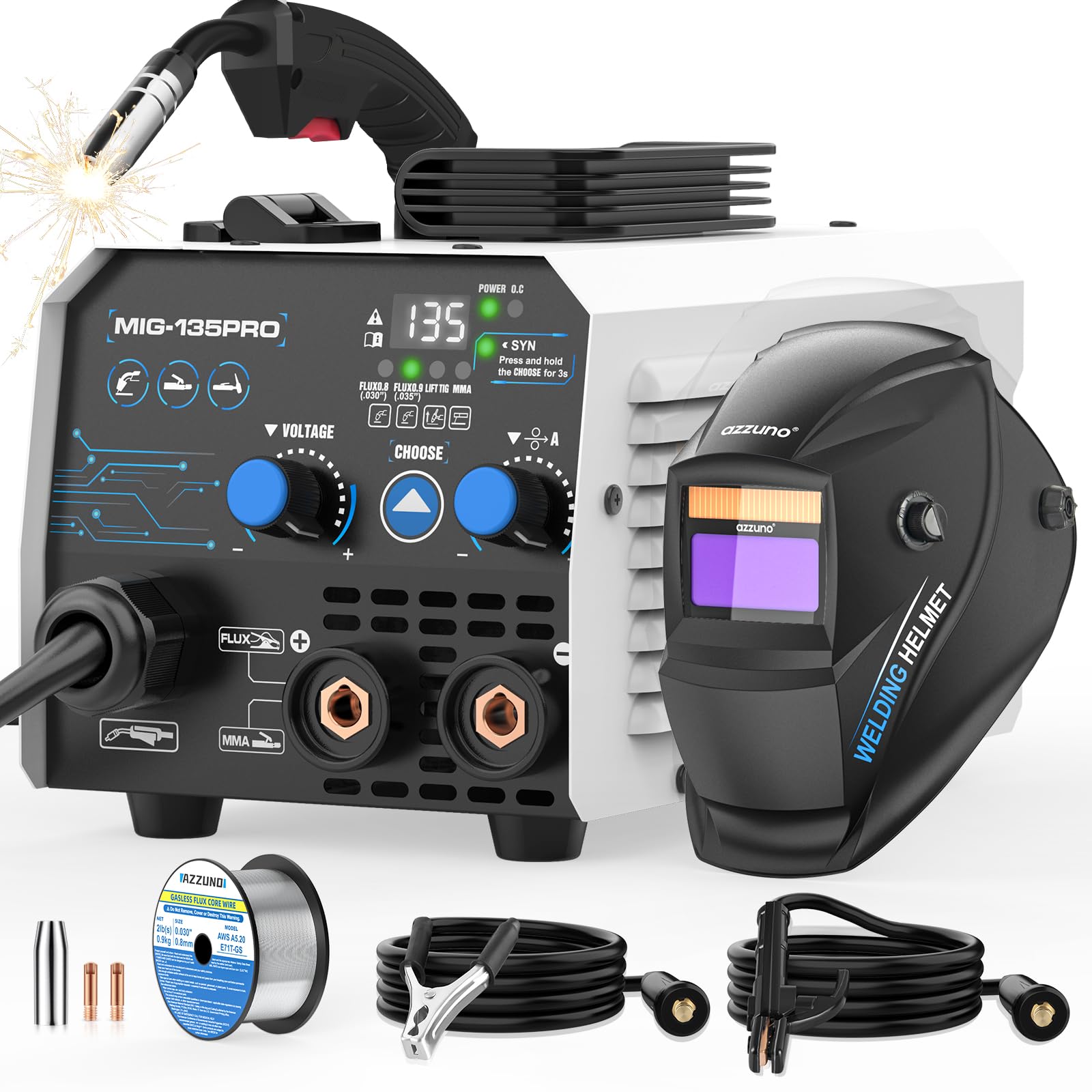 AZZUNO 135A 3-in-1 MIG Welder Machine 110V, Gasless Welder/Lift TIG/Stick Welding Machine with Auto Darkening Welding Helmet, Portable Wire Feed Welder with Welding Hood