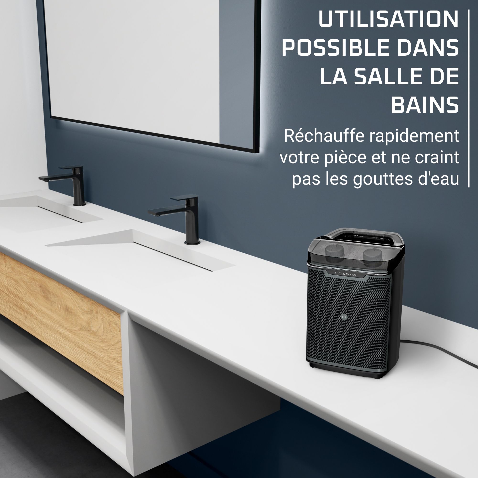 Rowenta Instant Comfort+ Aqua Radiateur céramique d’appoint salle de bains 2000 W, jusqu’à 35 m², Mode Éco 1000 W, Silencieux 29 dB, Compact & portable, Sécurité anti-surchauffe, SO9350F0