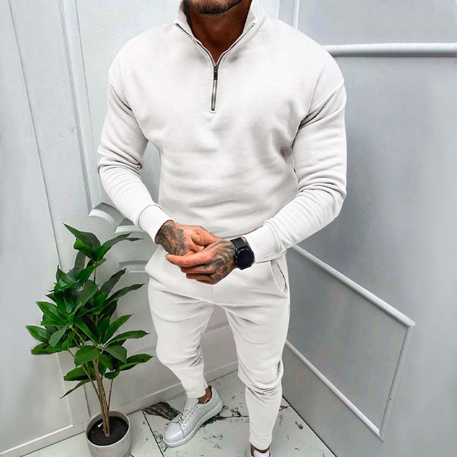 Męski dres treningowy z zamkiem do połowy, 2-częściowy, bluza i joggery, beżowa odzież domowa z wysokim dekoltem, strój dla mężczyzn, miękka bawełniana odzież sportowa, dopasowany krój, wygodny dres