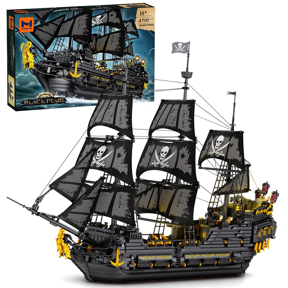 MISINI 66036 Pirate Ship Building Blocks, 4708 PCS Large Black Pearl Ship Sailboat Modell Construction Set with Lights, Caribbean Pirate Ship Model Building Kit, for Adults and Teens