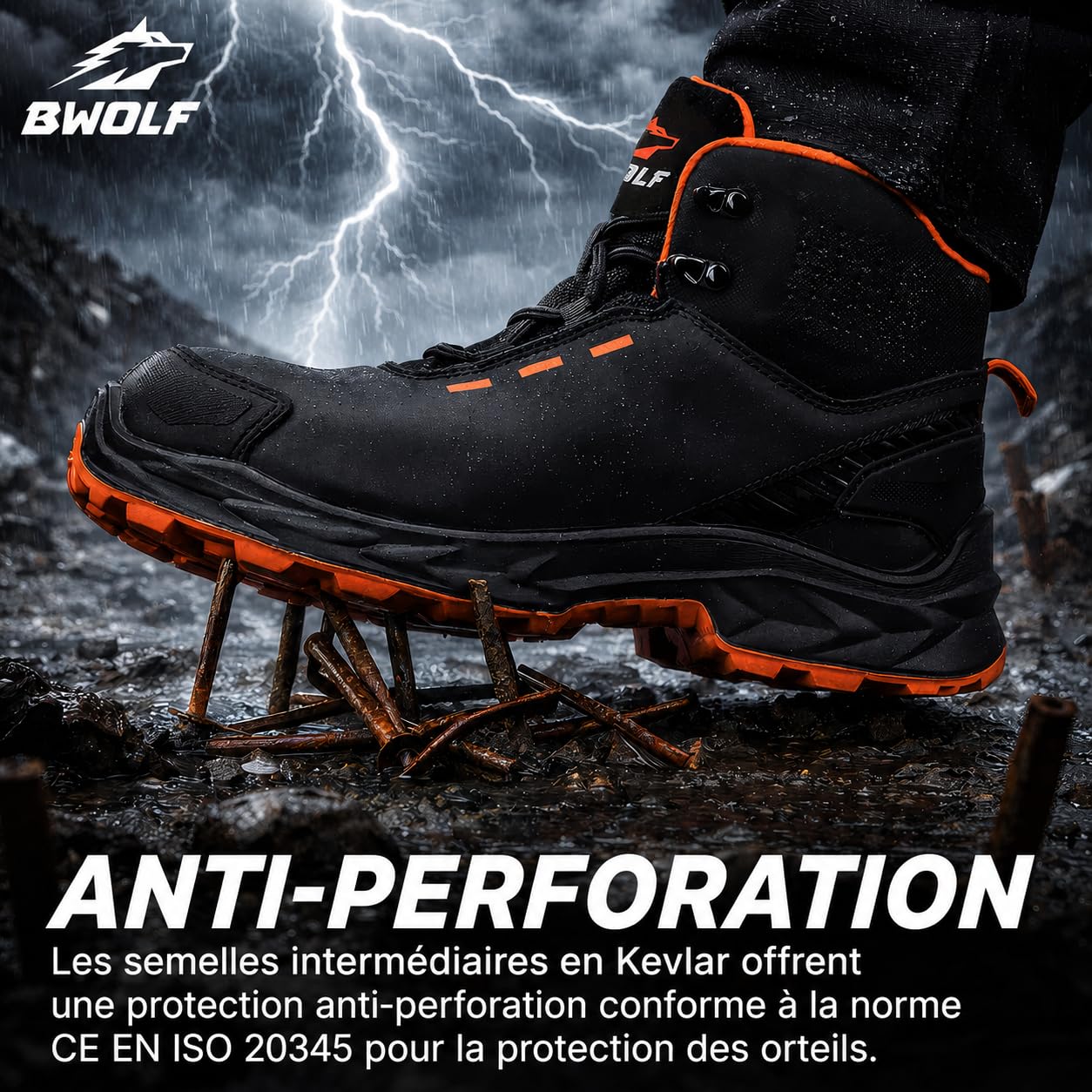 BWOLF FALCON HI S3S Chaussures de travail pour homme - Cuir lisse noir - Embout en aluminium - Semelle intermédiaire en Kevlar - Protection ESD