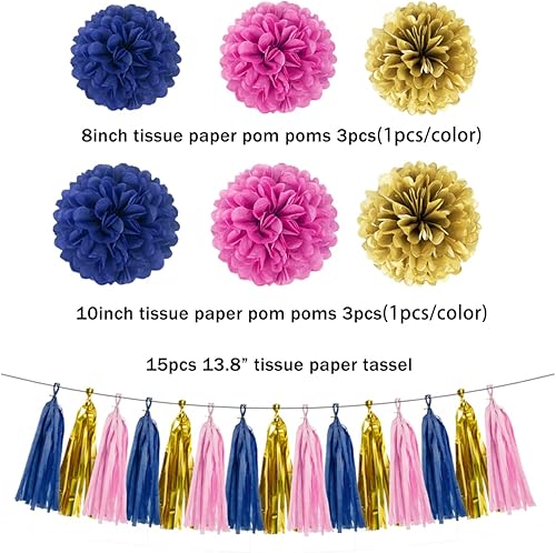 Miniatura 2 de Decoraciones de fiesta doradas, azul marino, rosa, 23 piezas de papel de seda, pompones, guirnalda de borlas, banderines, banderines, banderines,