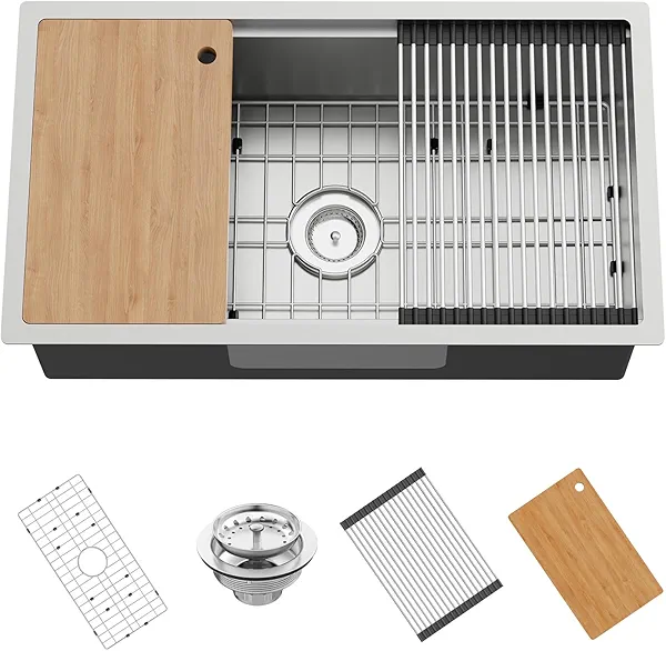 Kitchen Sink Workstation,32"x18" Stainless Steel Undermount Single Bowl Sink Built-in Ledge Drop In Workstation Sink Design For Placing/Sliding Accessories-Cutting Board,Drying Rack