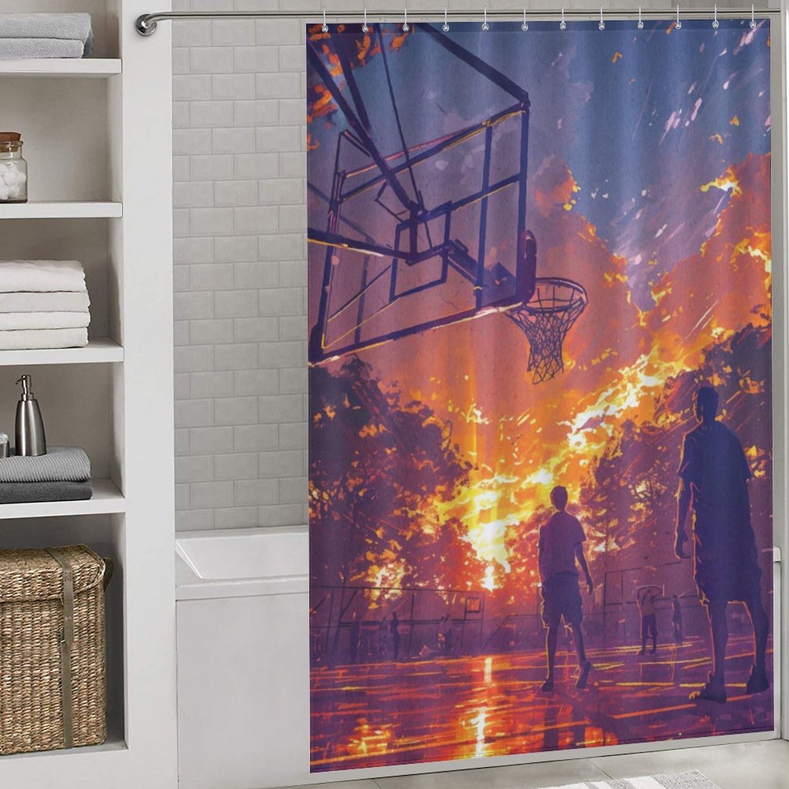 Rideau de douche lavable motif basketball sports coucher de soleil
