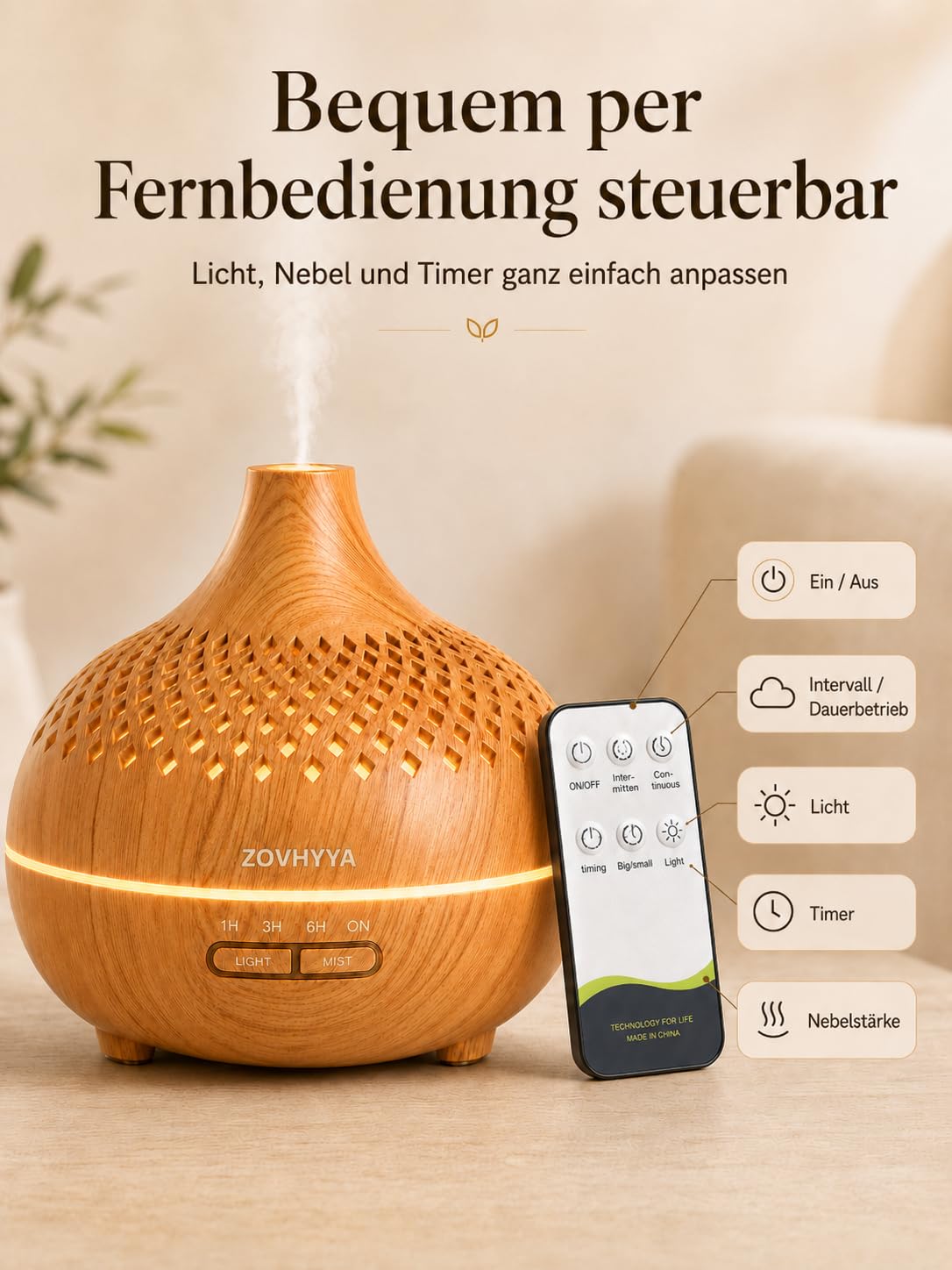 500ML Aroma Diffuser für Ätherische Öle Aromatherapie-Diffuser mit 8 Ölen, Fernbedienung, 4 Timer, 14 Farben und 2 Sprühmodi(Goldgelb)