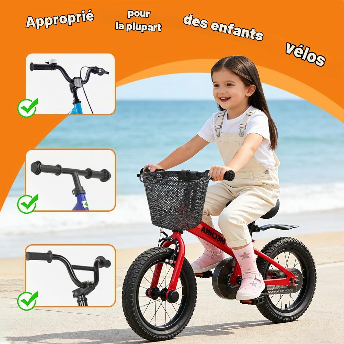 LOMUG Panier de vélo pour enfants, panier de vélo avant en métal pour filles et garçons, panier de guidon amovible avec fixation rapide, cadeau pour enfants, idéal pour la plupart des vélos pour