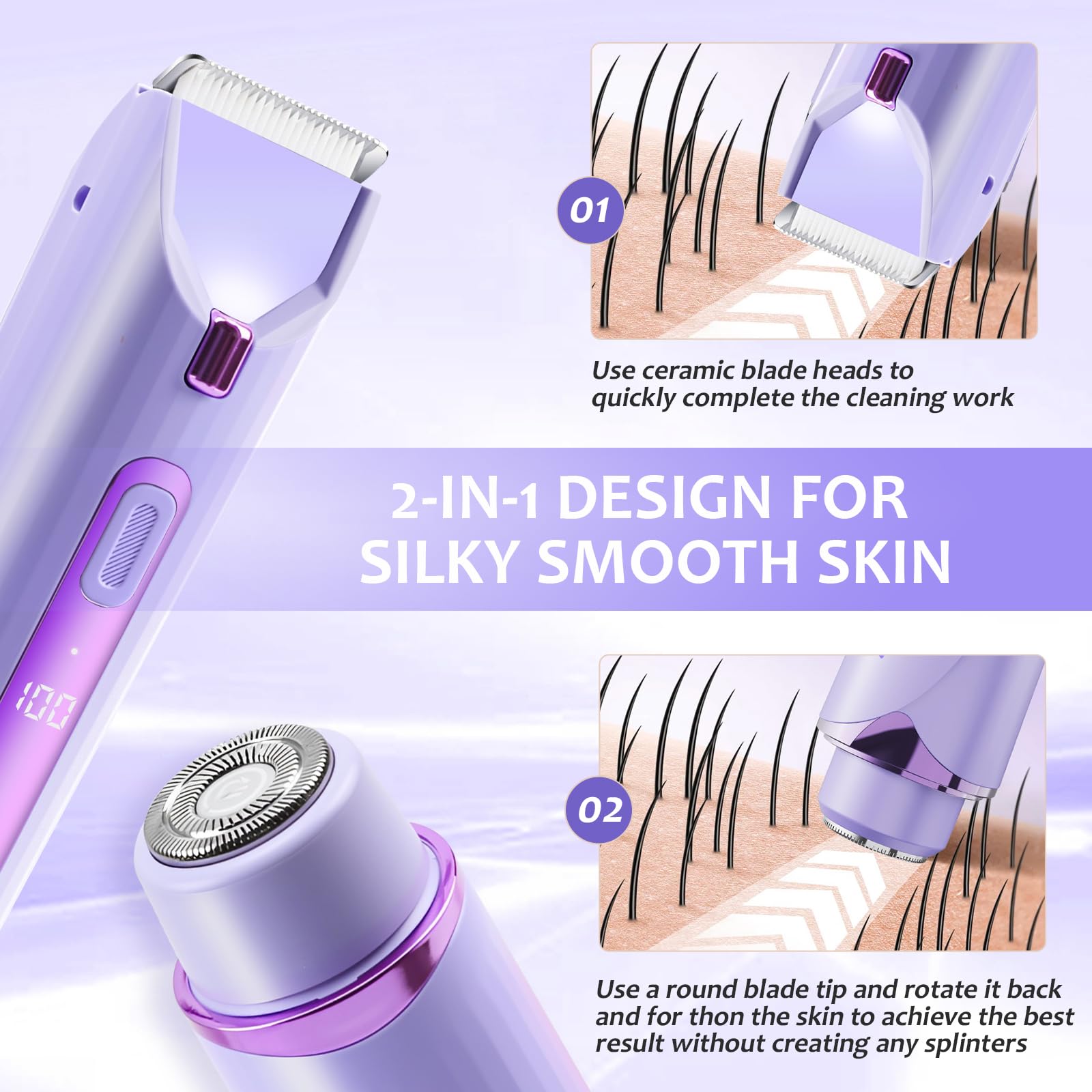 Rasoio elettrico 2 in 1 per bikini, rasoio elettrico ricaricabile per peli del corpo pubico, per gambe, corpo, capelli, rasoio elettrico a doppia testa, per donne, pubblico, viso, ascelle, gambe
