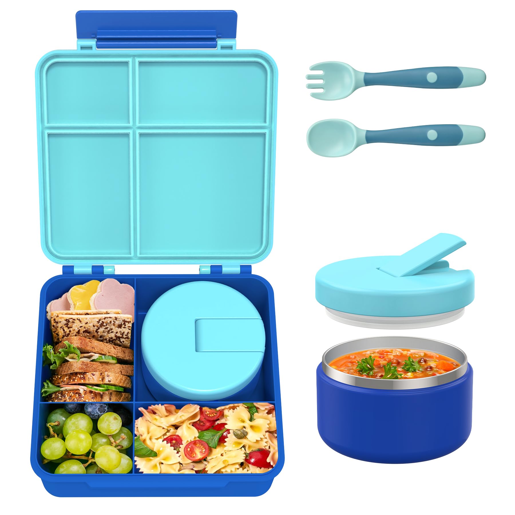 Bento Lunch Box with 8oz Soup Thermo, Leak-Proof Lunch Containers with 4 Compartment, Thermo Hot Food Jar and Insulated Lunch Box for School Blue