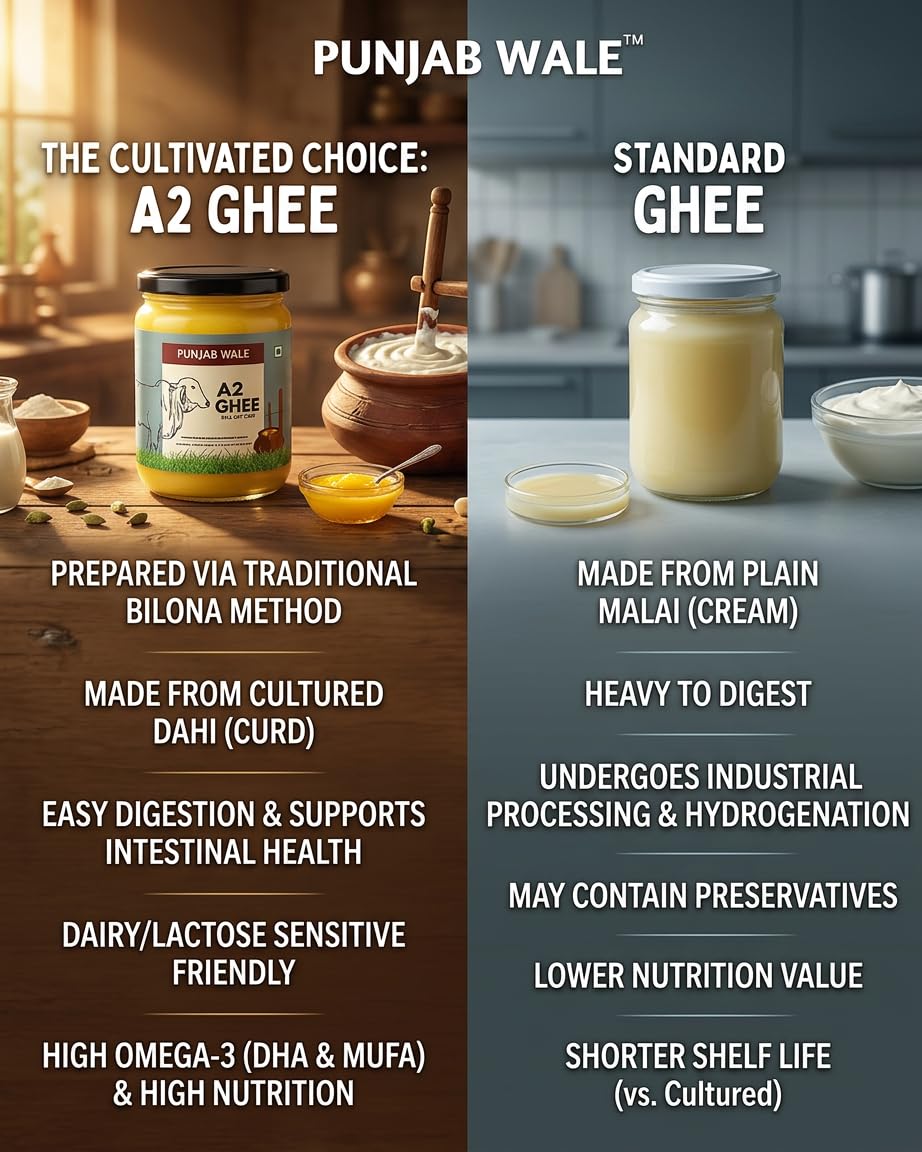 PUNJAB WALE Ghee A2 | Vaca Desi Gir | Método Védico Bilona | Cultivado | Triturado a mano | Hecho en pequeños lotes | Probado en laboratorio | Tarro de vidrio | Alimentado con pasto | Ghee premium y