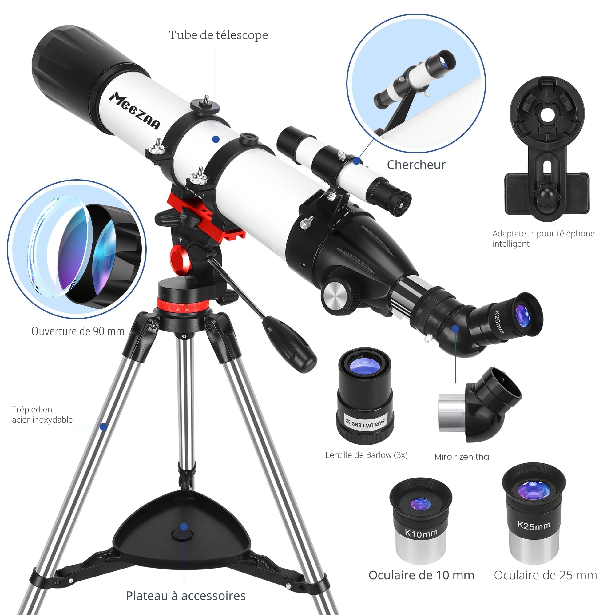 MEEZAA Télescope, Télescope Astronomique Adultes Professionnel, 90 mm Ouverture 800mm Portable et Puissante 32x-240x Télescopes Réfracteur pour Enfants et Débutants pour Observer la Lune et Planètes