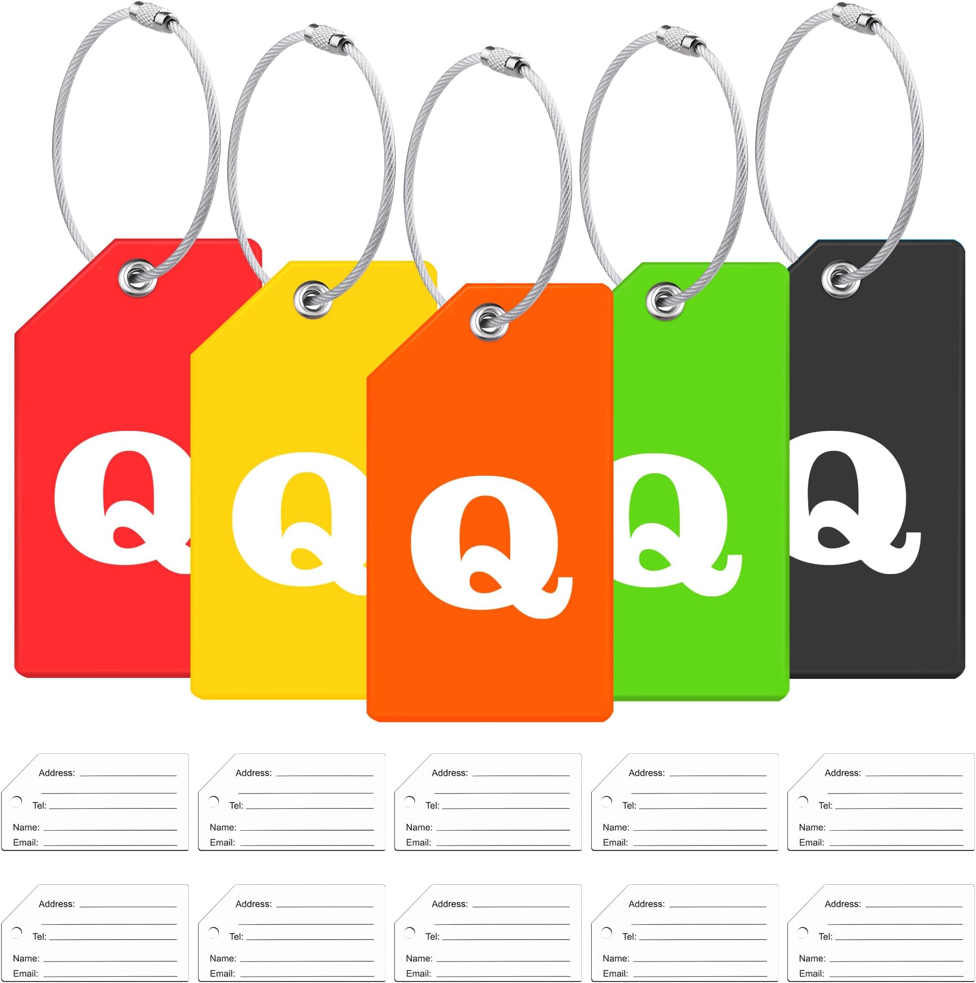 5Pack Initial Silicone Luggage Tag with 10 Name ID Cards Perfect to Quickly Spot Luggage Tags for Suitcases Partial Privacy Cover & Stainless Steel Loops for Secure Fastening (Q)
