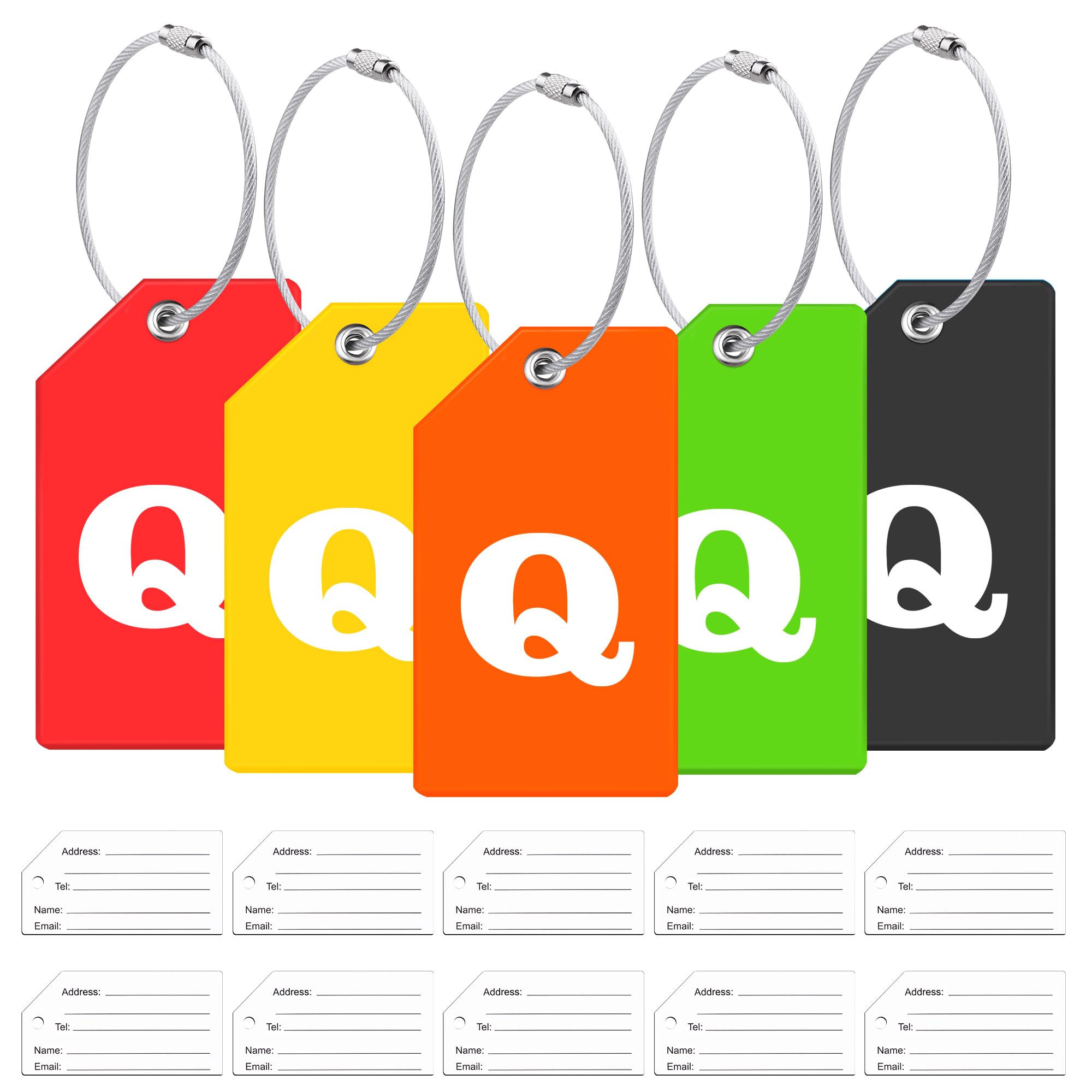 5Pack Initial Silicone Luggage Tag with 10 Name ID Cards Perfect to Quickly Spot Luggage Tags for Suitcases Partial Privacy Cover & Stainless Steel Loops for Secure Fastening (Q)