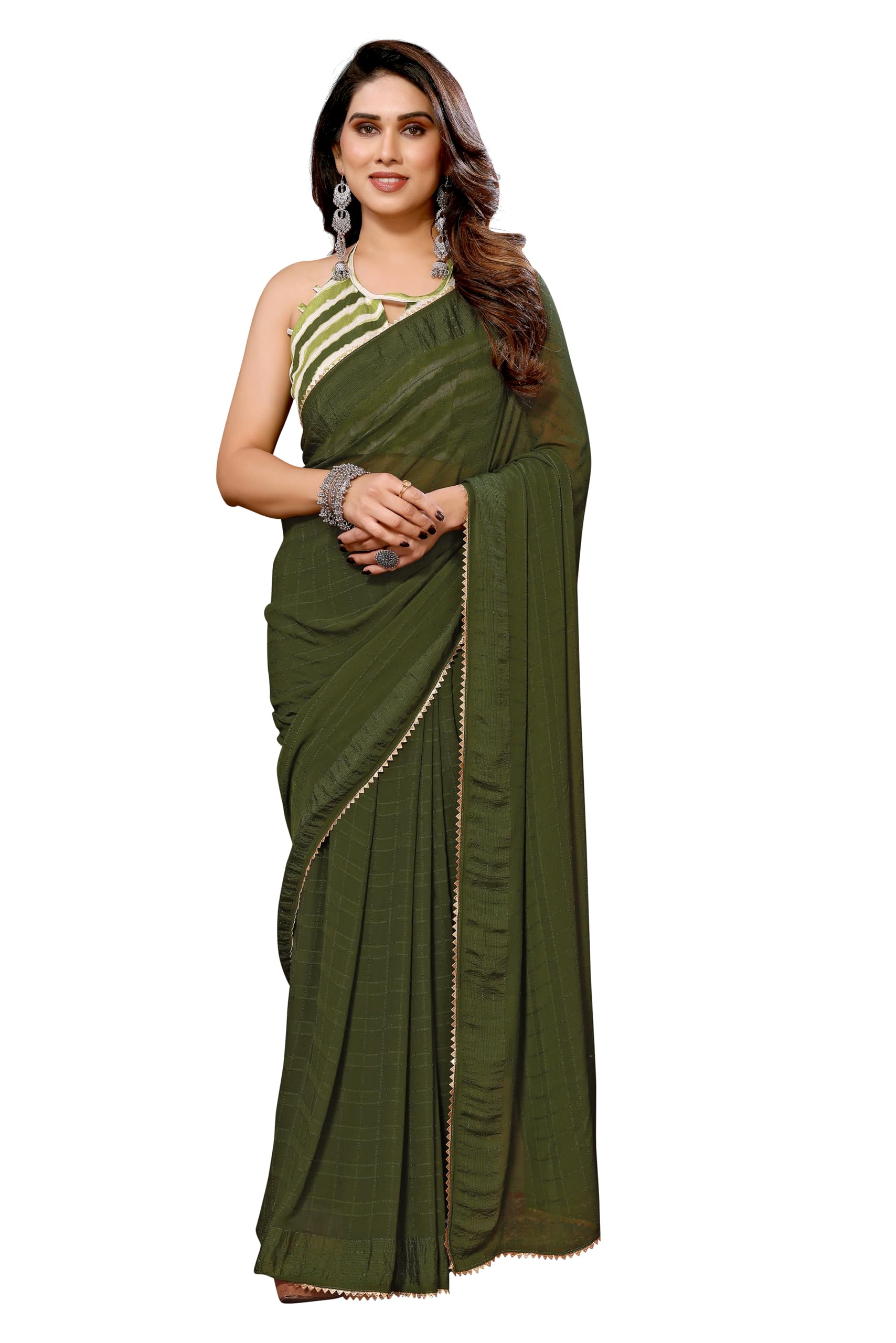 MOHIT CREATIONSWomen's Party Wear Georgette Printed Border Ready To Wear Saree With Unstiched Blouse Piece