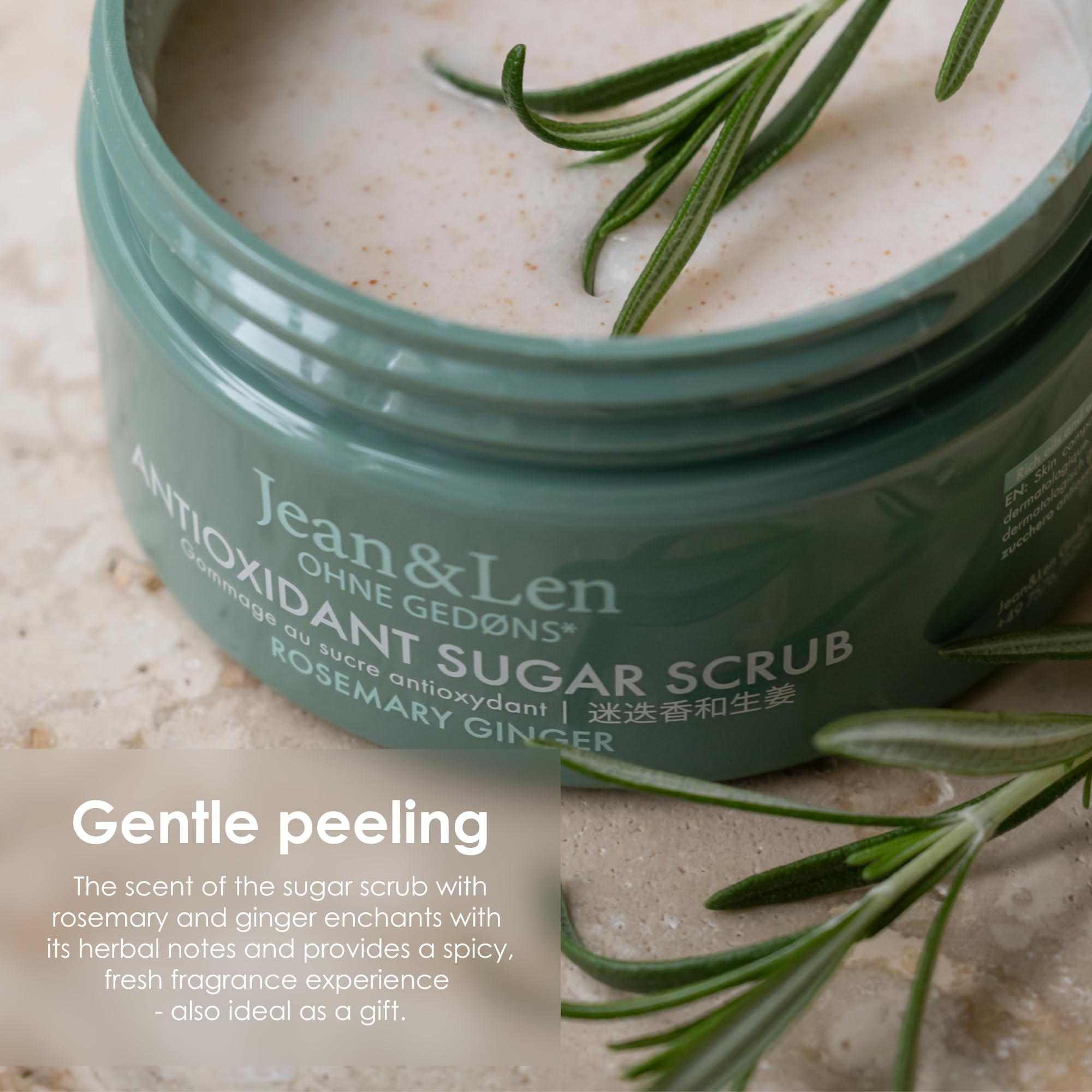Jean & Len Przeciwutleniacz, cukier peeling rozmarynowy i imbir, dla pachnącego doznania czyszczenia, z bogatymi olejkami, wysokiej jakości tygiel, peeling cukrowy bez parabenów i silikonów, 200 ml