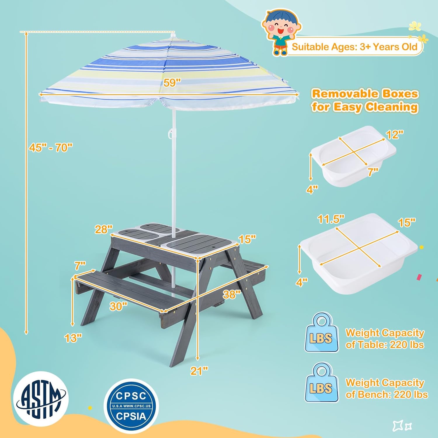 Costzon Kids Picnic Table with Sensory Bins, 4 in 1 Sand and Water Table with Height Adjustable Umbrella, Removable Tabletop, Wooden Kids Outdoor Table for Backyard Patio Play