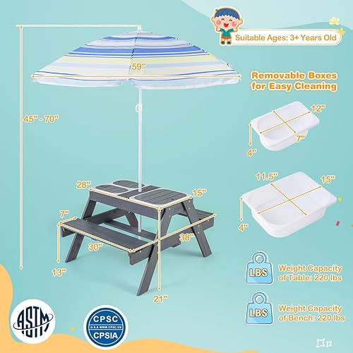 Vista 15 de Costzon Mesa de picnic para niños con cubos sensoriales, mesa de arena y agua 4 en 1 con paraguas de altura ajustable, mesa extraíble para jugar al