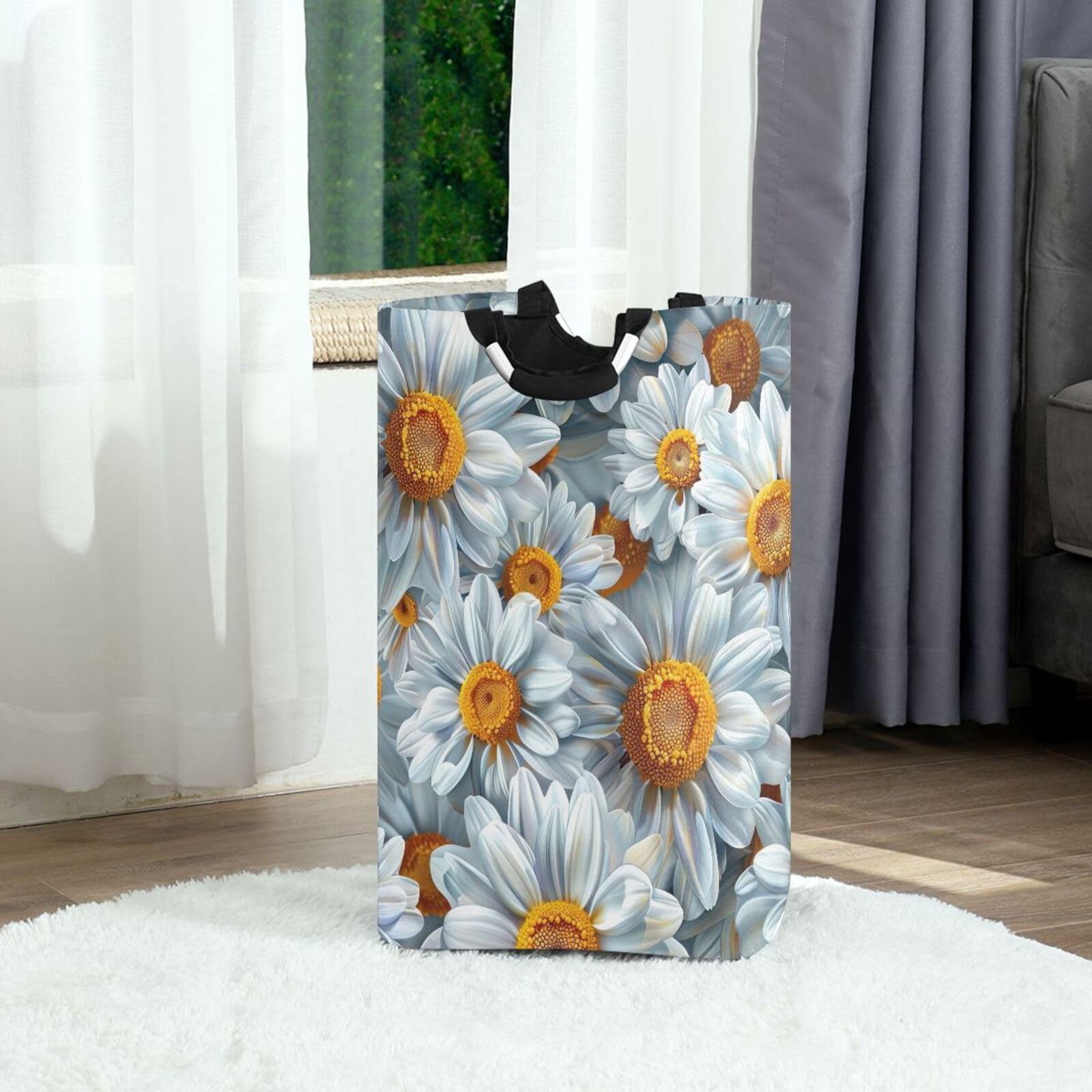 Jihqo Laundry Hamper Basket White Daisy Pattern Collapsible Nursery Storage Bin Waterproof Clothing Baskets for Home Bedroom Bathroom Washing Room