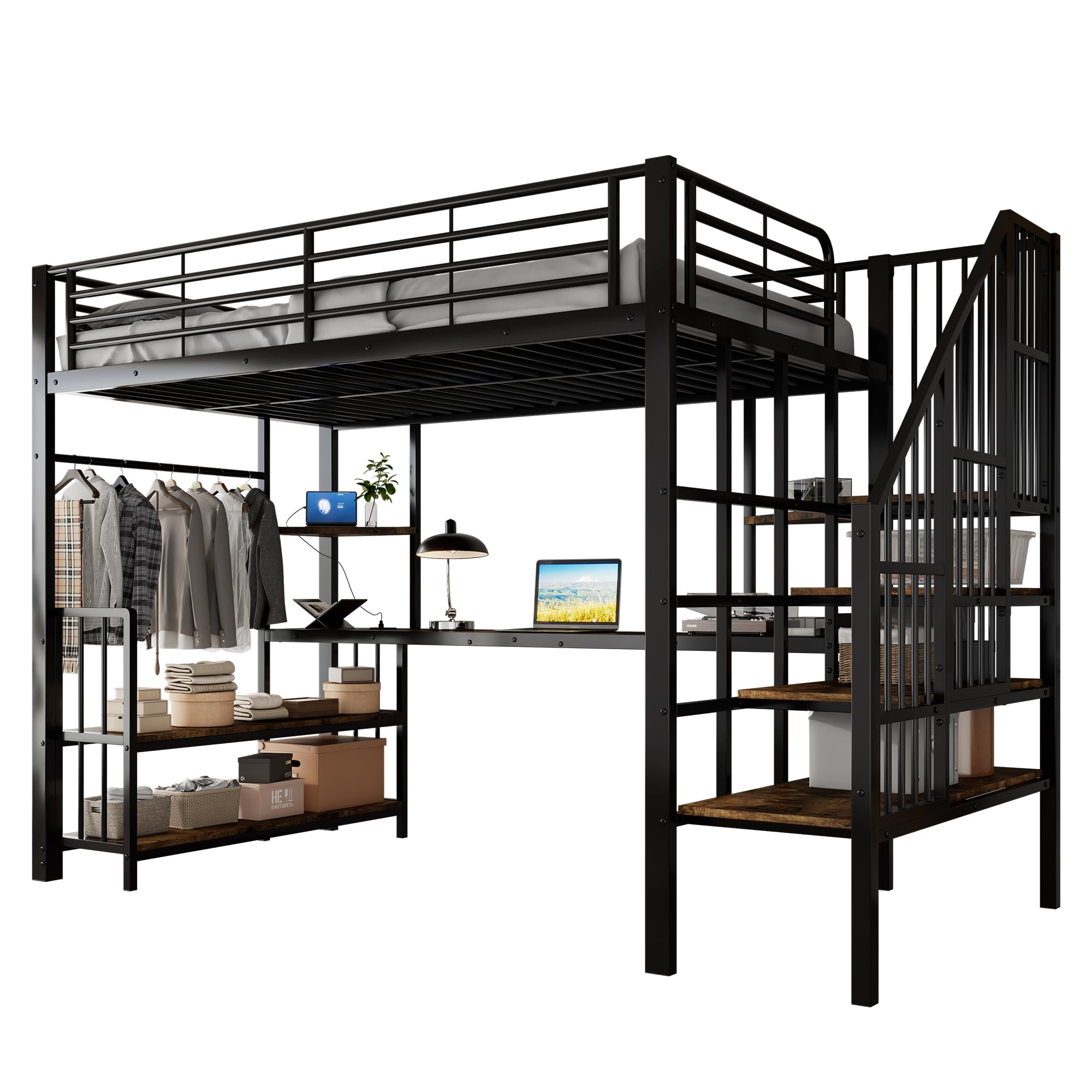 Żelazne łóżko piętrowe, drabina boczna z poręczą, z przyłączem ładowania, z wieszakiem, półką i dwoma urządzeniami zabezpieczającymi przed przewróceniem, żelazo + MDF, kolor czarny + ciemny