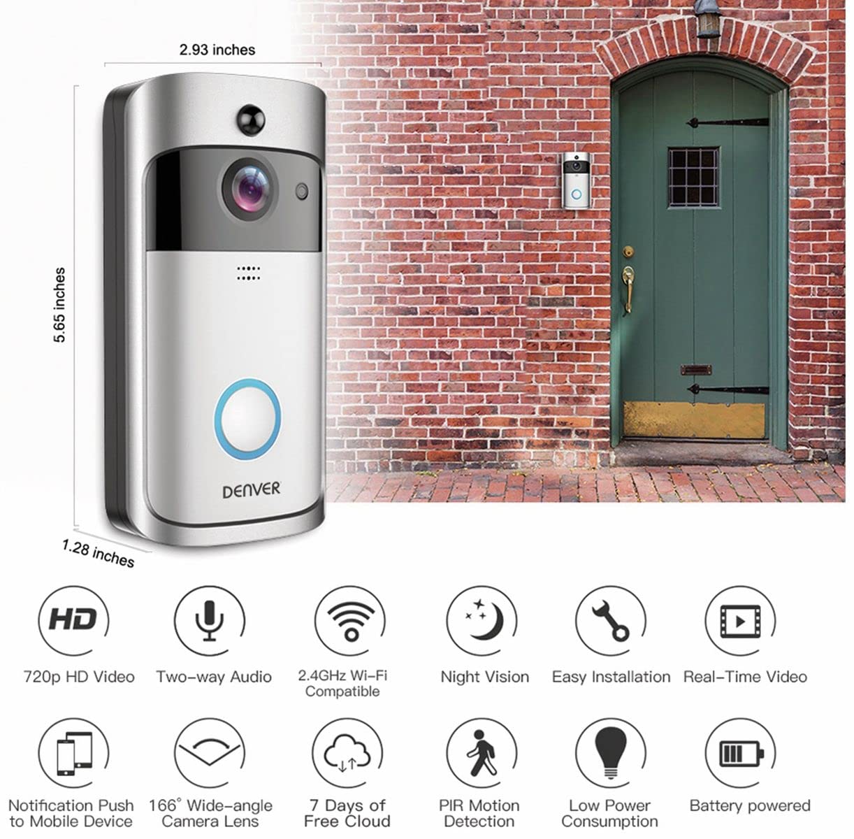 Denver Video-Türklingel VDB-110 - Doorbell Video-Türsprechanlage mit WLAN-Funktion und Innenklingel, Bewegungserkennung, 720P-Kamera, Verbindung mit Handy, kostenlose App für Android und iOS
