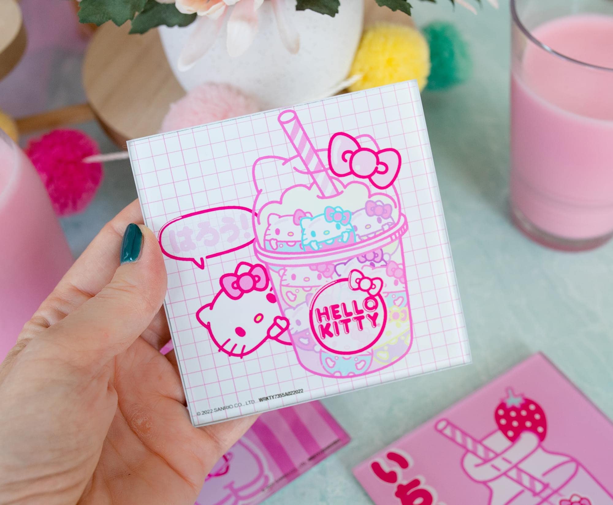 Sanrio Hello Kitty Strawberry Milk Glass Coasters for Drinks, Set of 4 | Tabletop Protection for Home Kitchen, Dining Room Table