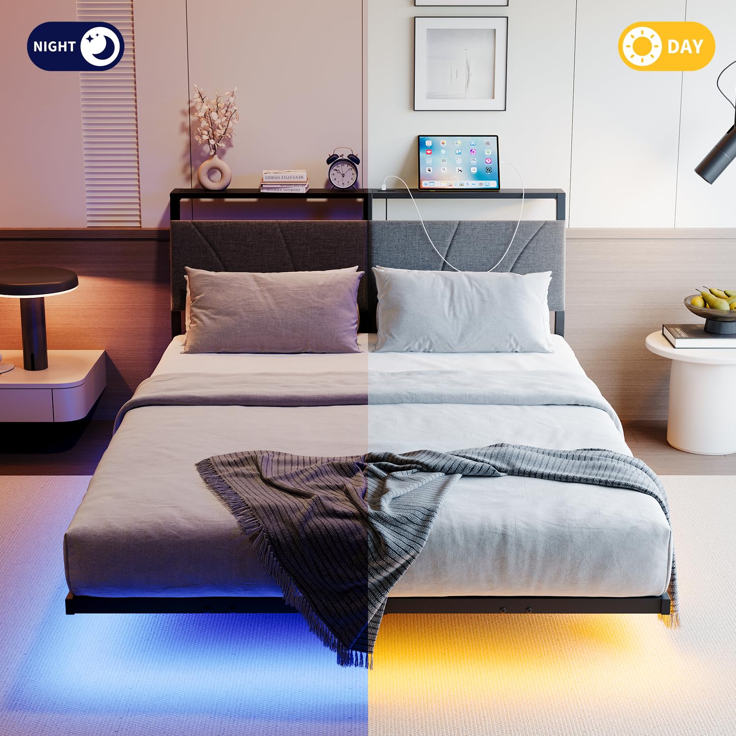 HOJINLINERO Bettgestell 140x200cm Bett mit LED Ladestation & Beleuchtung,Metallbett 140x200 mit Stauraum,Bettrahmen mit Lattenrost,Schwebender visueller Effekt