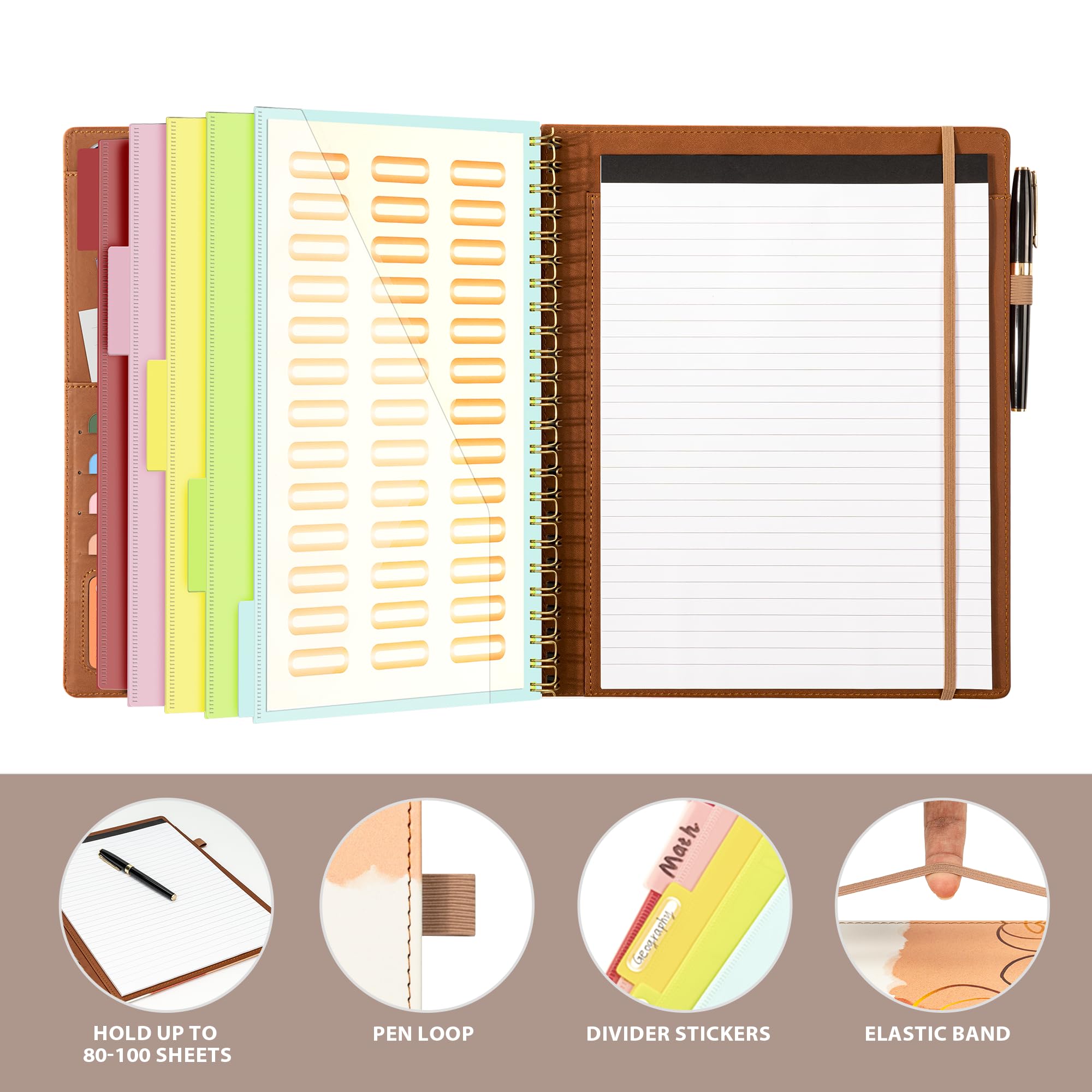 Ospelelf Padfolio a spirale in pelle con portablocco portablocco organizer raccoglitore con cinturino elastico tasche per blocco note marrone