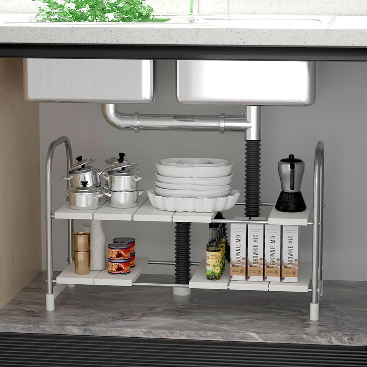 INOVERA (LABEL) 2 Tier Pool Space Under Sink Storage Organizer - Adjustable Kitchen Rack Holder - Expandable Cabinet Shelf (White)