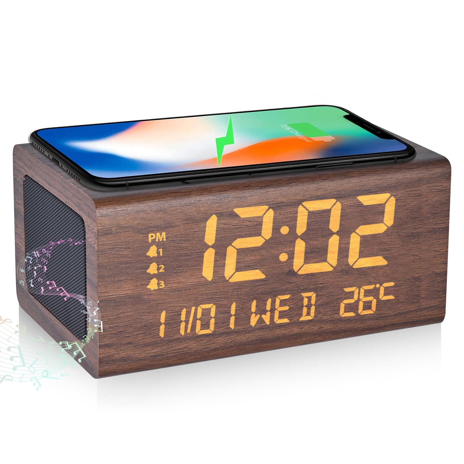 Alarm Clock, Large Letters, Easy to Read, Bluetooth 5.0, Speaker, Table Clock, Wireless Charging, Multi-Function Clock, Qi, Smartphone, Wireless Charger, Thermometer, Temperature/Date of the Week : Ho