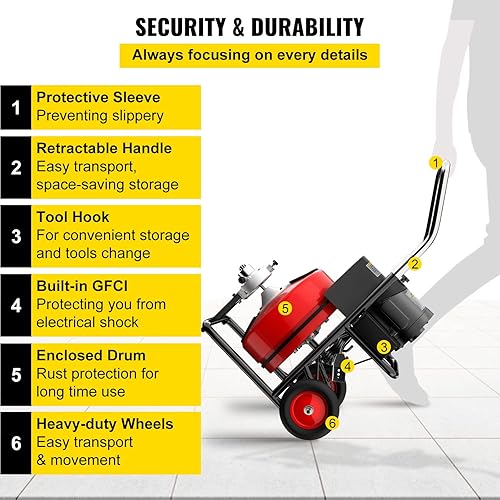 Miniatura 6 de VEVOR Taladro eléctrico de serpiente de alcantarillado de 100 x 12 pulgadas para tubos de 1 pulgada a 4 pulgadas (3.937in), con ruedas, cortadores,