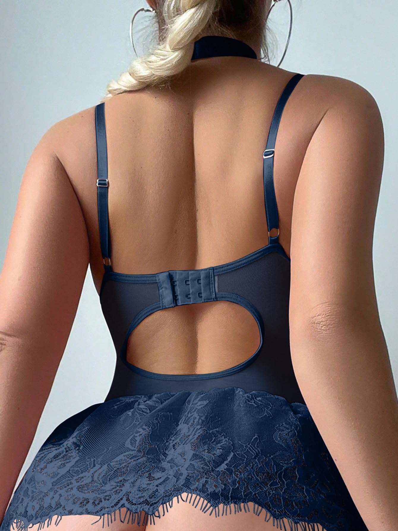 Sexy outfit Seksowny gorset typu choker z fiszbinami, koronkowa przezroczysta podwiązka pończochy komplet bielizny Babydoll ze stringami 4-częściowe stroje