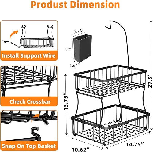 Miniatura 7 de Simple Trending Frutero de metal de 2 niveles con 3 ganchos de plátano, cesta de frutas y verduras para encimera, organizador de cocina con caja de
