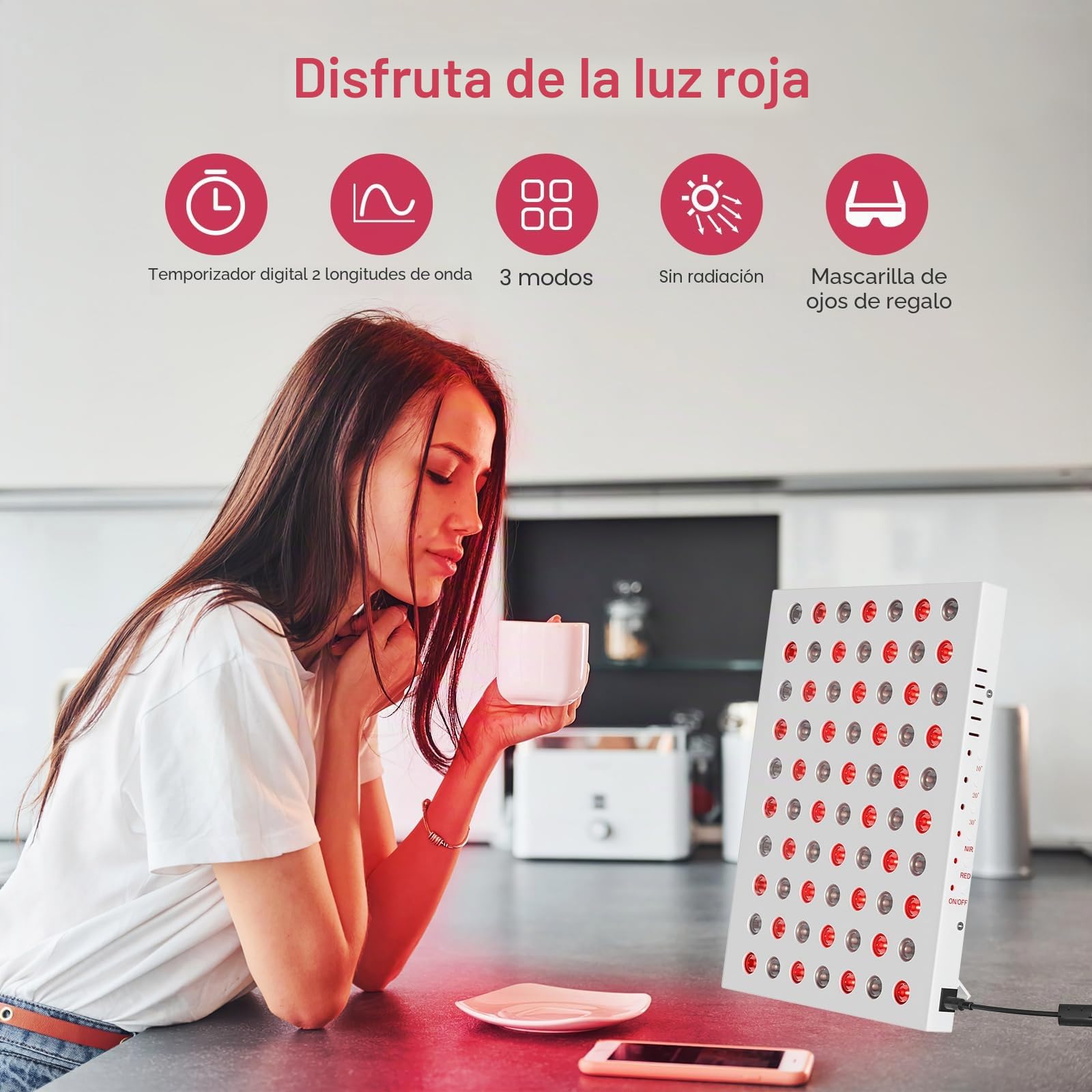 Lámpara Infrarroja Combinación de 660nm y 850nm, Lámpara de Luz Roja Panel de 70 LEDs con Temporizador y Soporte para Cara, Cuello, Cuerpo, Músculos, Atrás (No produce calor)