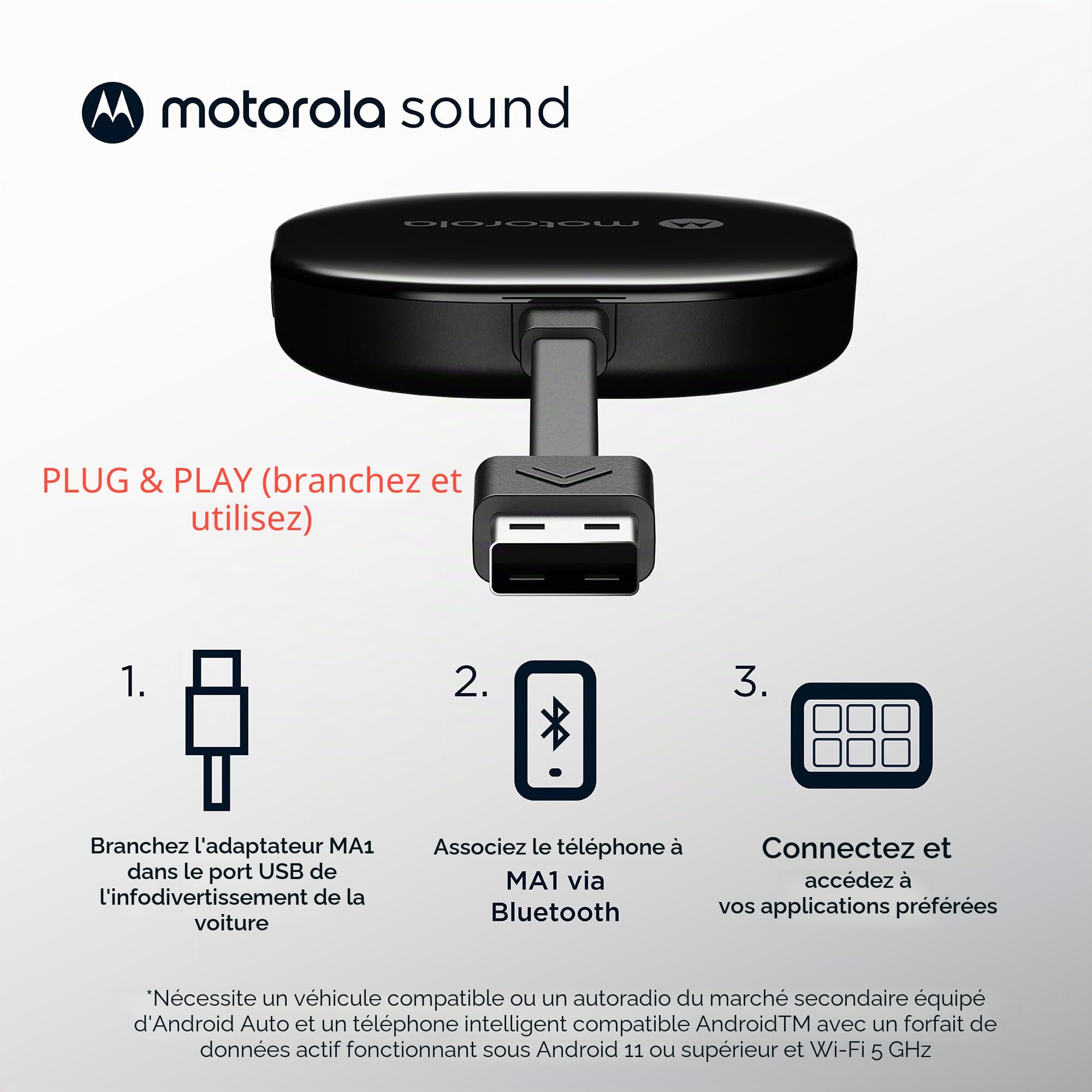 Motorola Sound MA1 - Le Seul Adaptateur de Voiture Android sans Fil autorisé par Google - Connexion instantanée du Smartphone à l'écran de la Voiture avec Une Configuration Facile